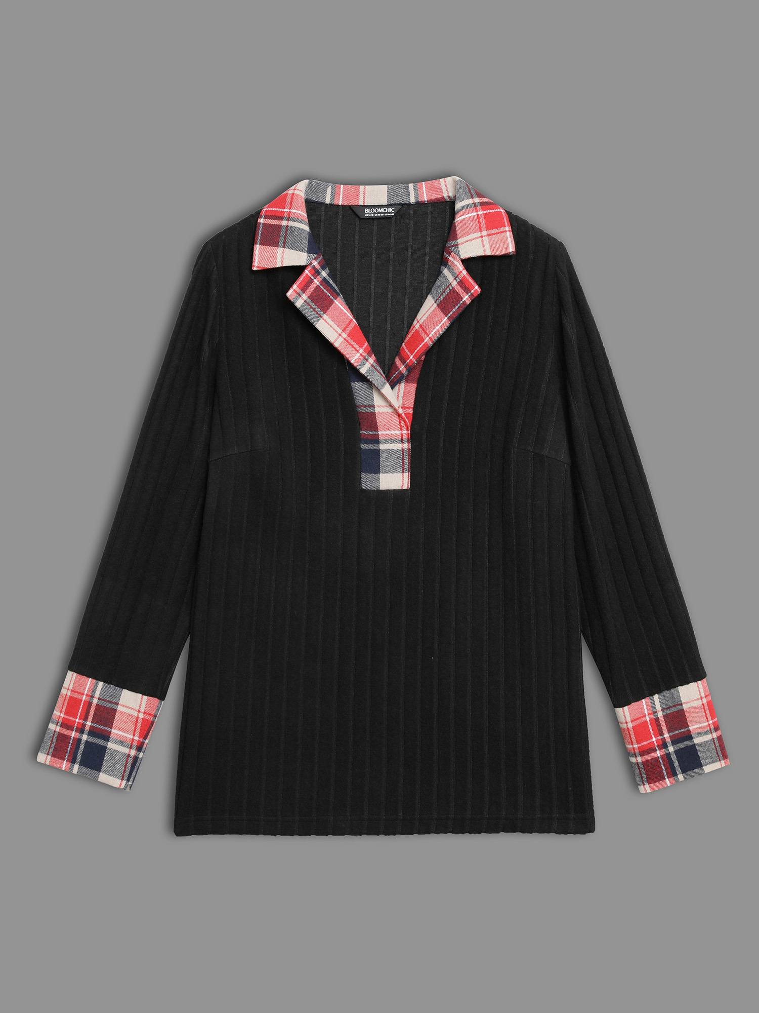 

Plus Size Lapel Collar Plaid Contrast Fitted Top Black Lapel Collar Extra Long Sleeve Elegant Jersey Tops 16/L