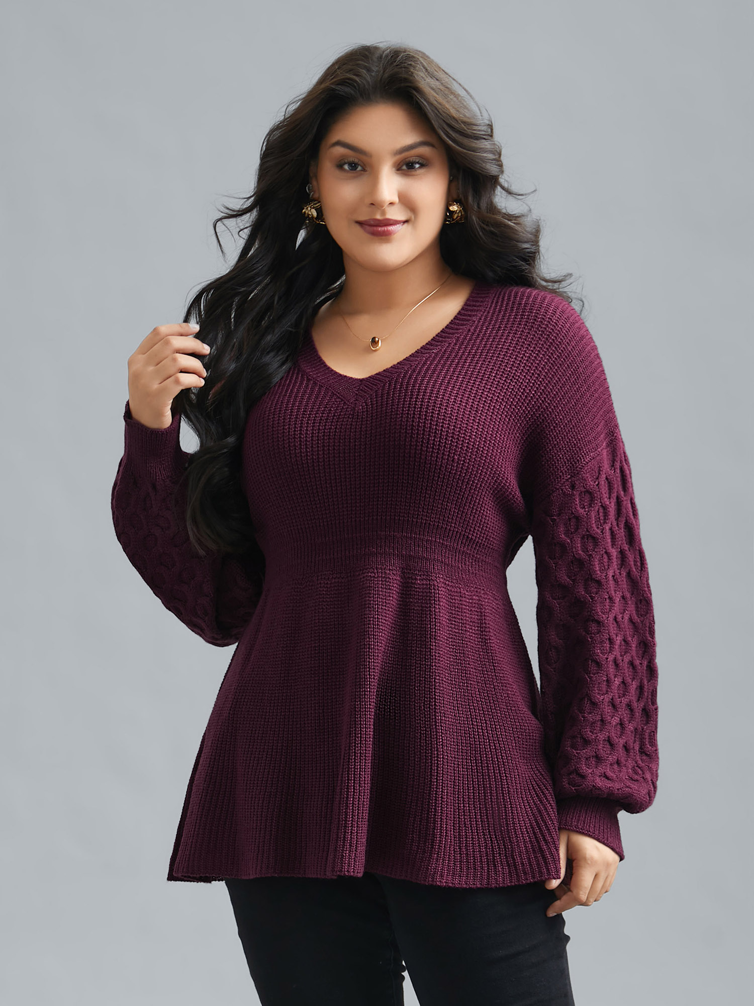 

Plus Size Plain Ribbed Knit Waist Cinched Pullover Burgundy Women Elegant Bodycon Long Sleeve V-neck Everyday Pullovers BloomChic