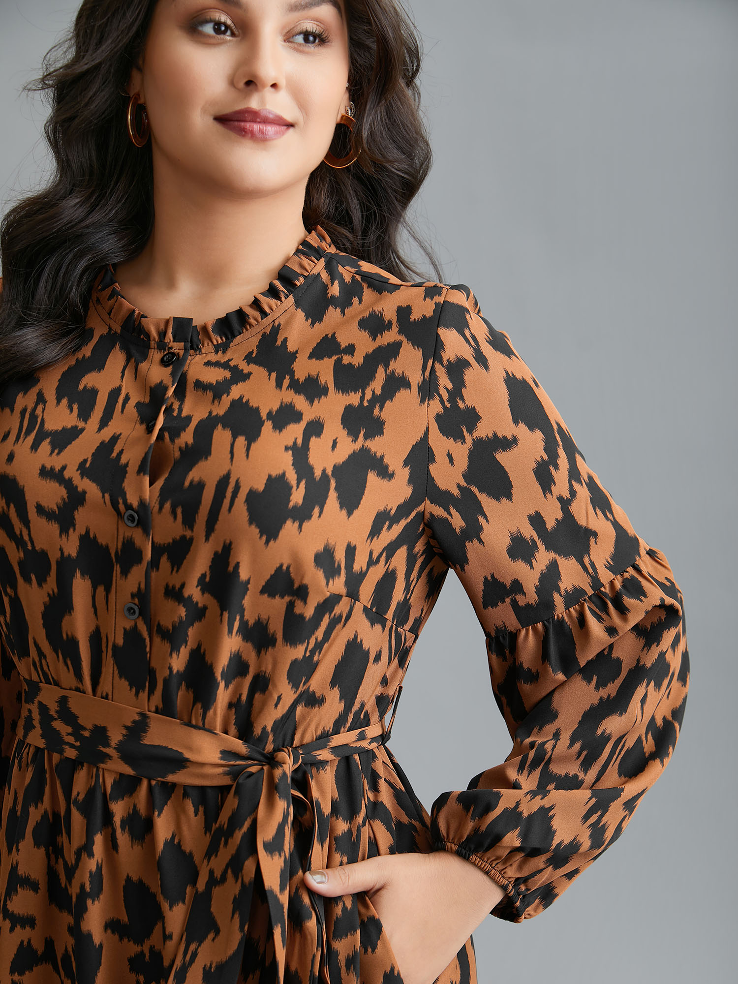 

Plus Size Leopard Print Stretchy Waist Belted Dress Yellowishbrown Women Elegant Belted Stand-up collar Long Sleeve Curvy BloomChic