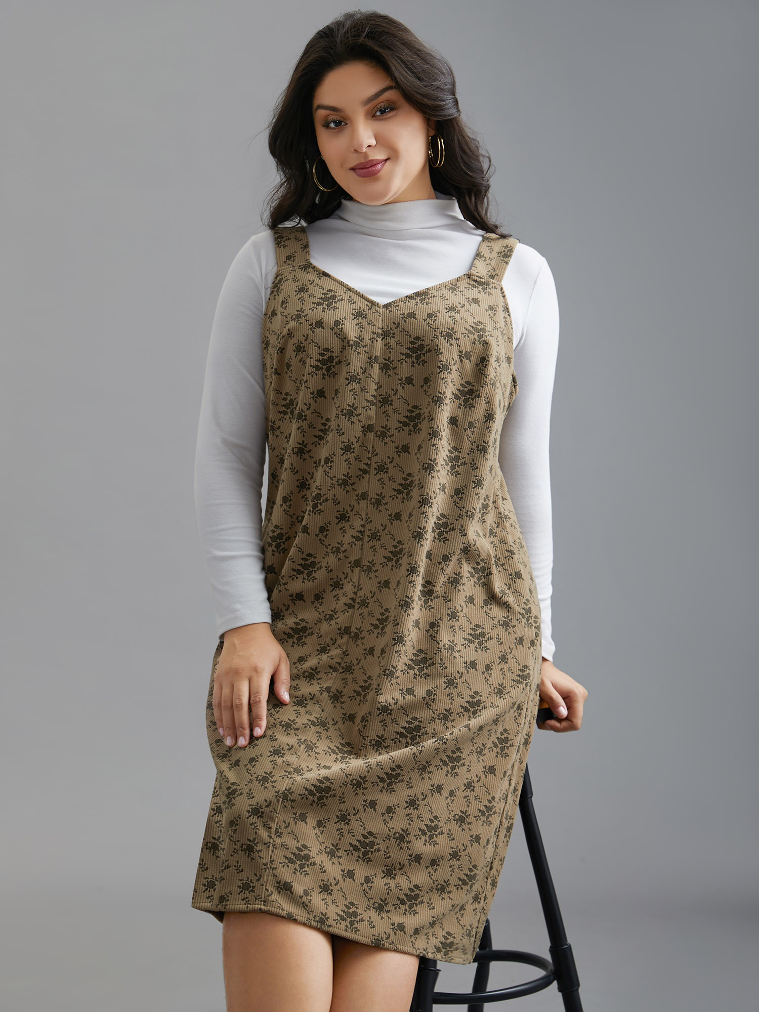 Plus Size Suspender Skirt Style Floral Dress Browncoffeecolor Women Casual Texture Non Sleeveless Curvy BloomChic 14-16/1X 