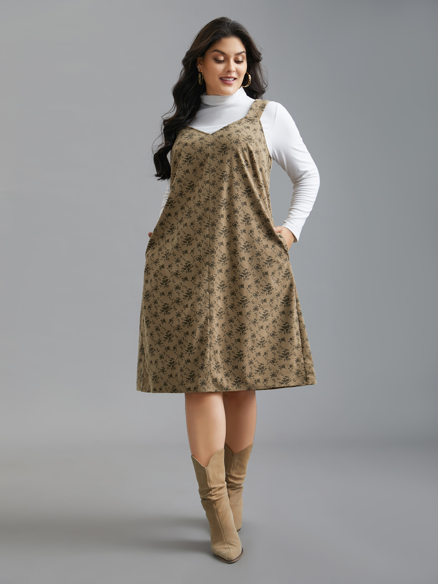 Plus Size Suspender Skirt Style Floral Dress Browncoffeecolor Women Casual Texture Non Sleeveless Curvy BloomChic 14-16/1X 