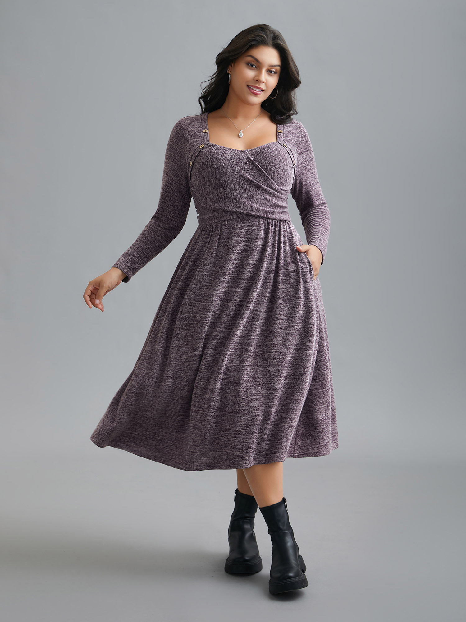 

Plus Size Heart Neckline Button Detailing Crossover Fit Dress Mauve Women Casual Gathered Knit Dresses Bloomchic