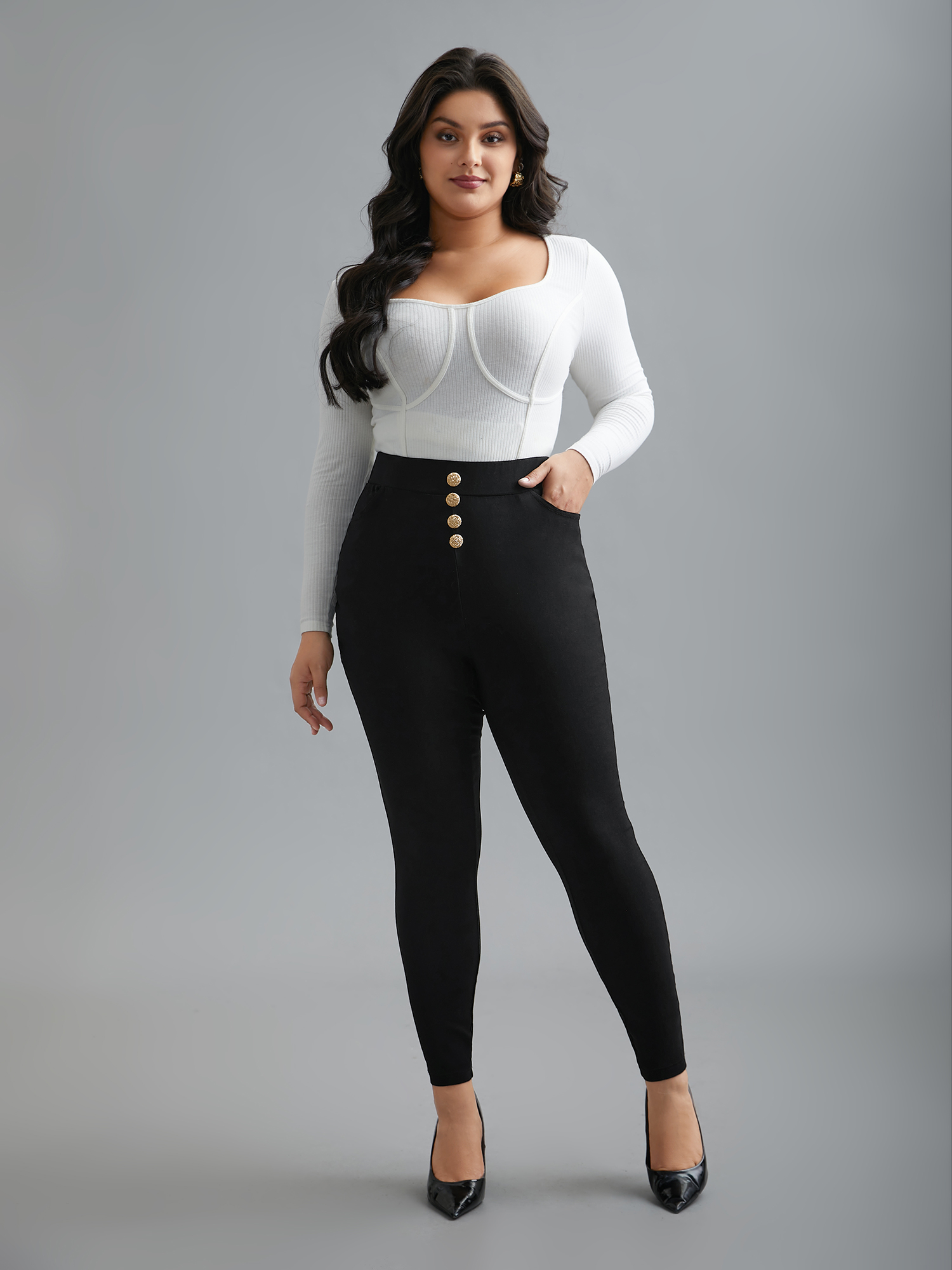 Plus Size Plain Button Detail Skinny Fit Pants Women Black Elegant Skinny Mid Rise Everyday Pants BloomChic 28/5X 