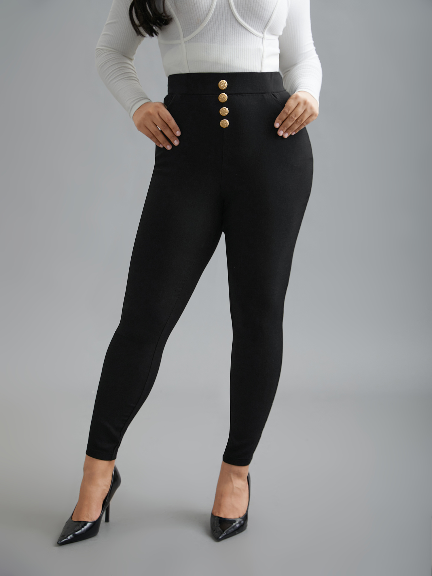Plus Size Plain Button Detail Skinny Fit Pants Women Black Elegant Skinny Mid Rise Everyday Pants BloomChic 28/5X 