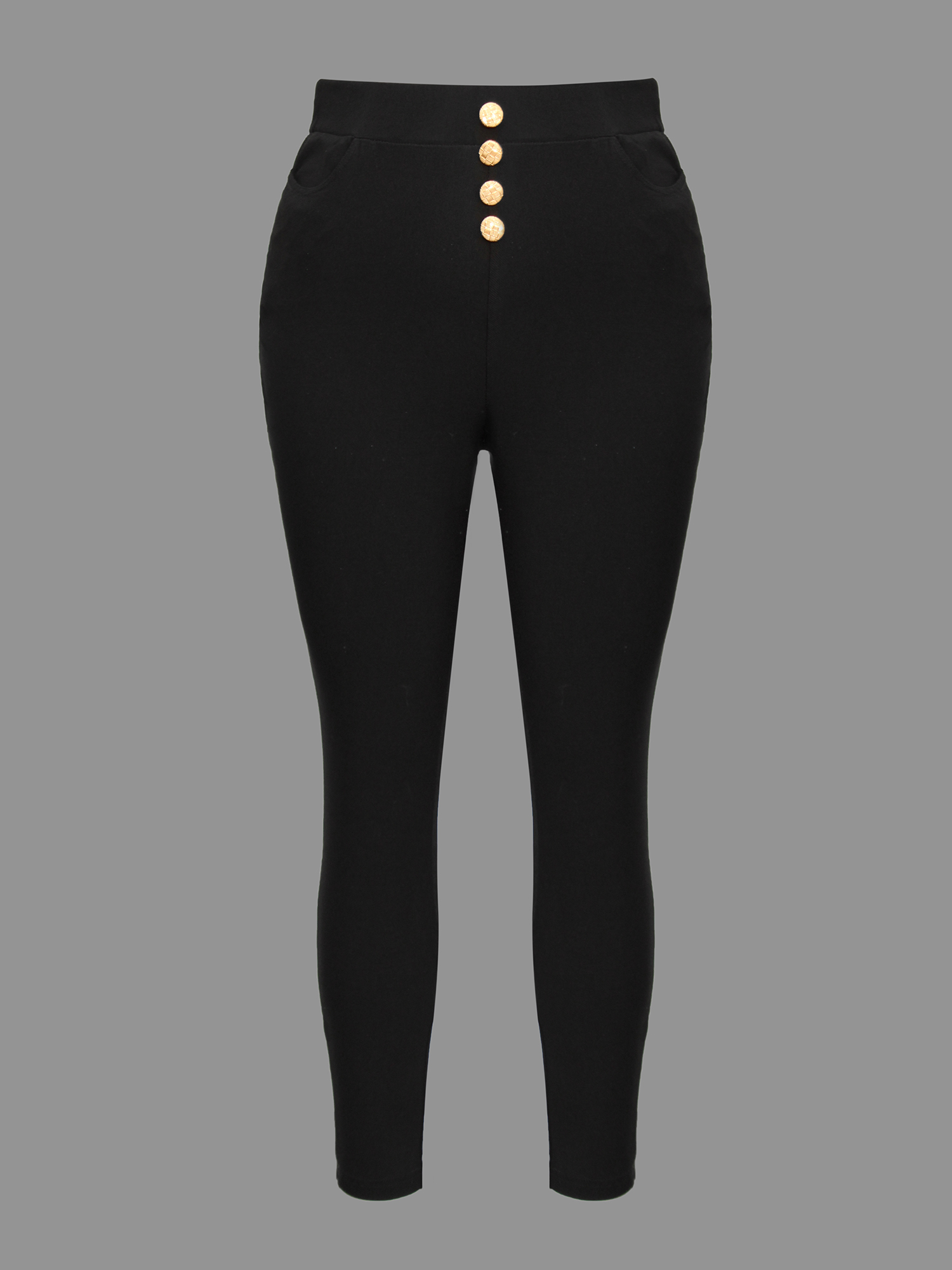 Plus Size Plain Button Detail Skinny Fit Pants Women Black Elegant Skinny Mid Rise Everyday Pants BloomChic 28/5X 