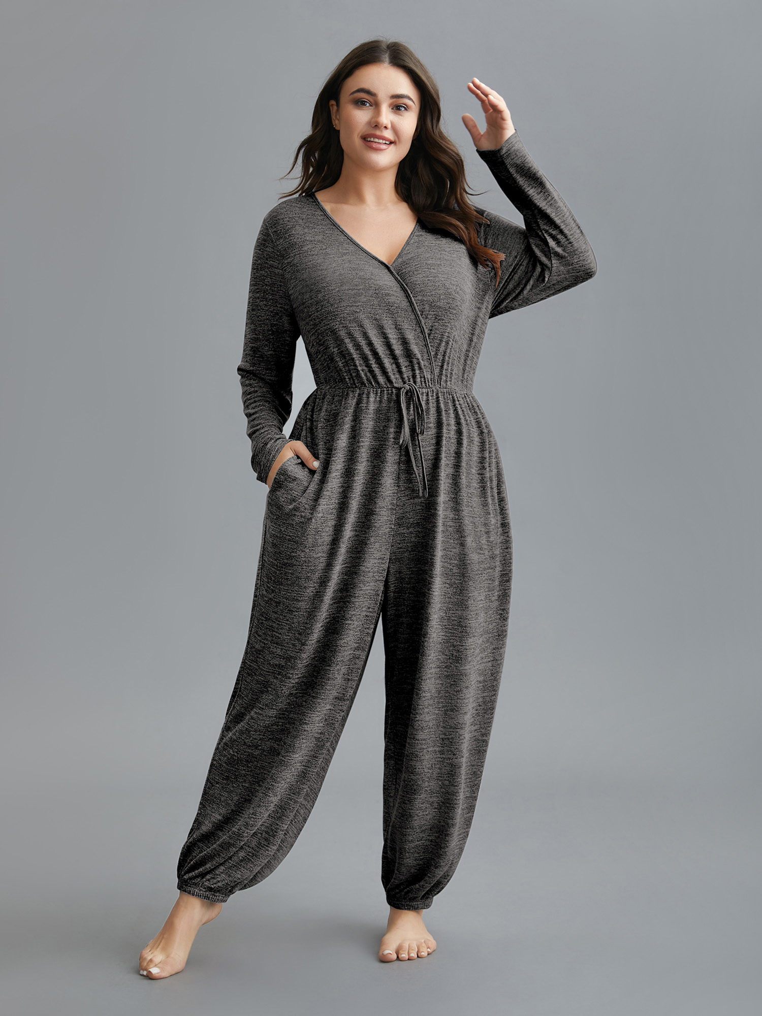 

Plus Size Elastic Waist Overlap Collar Lounge Jumpsuit Black  Bloomchic