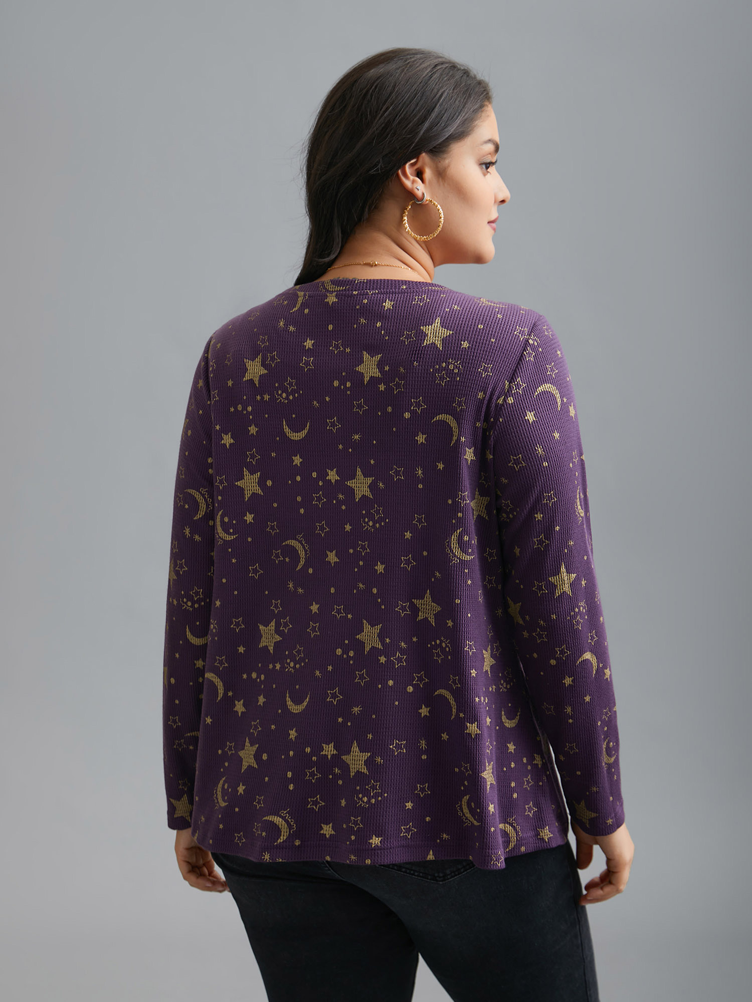 

Plus Size Moon and Star Glitter Textured T-Shirt Deeppurple Women Casual Texture Star and moon Round Neck Everyday T-shirts BloomChic