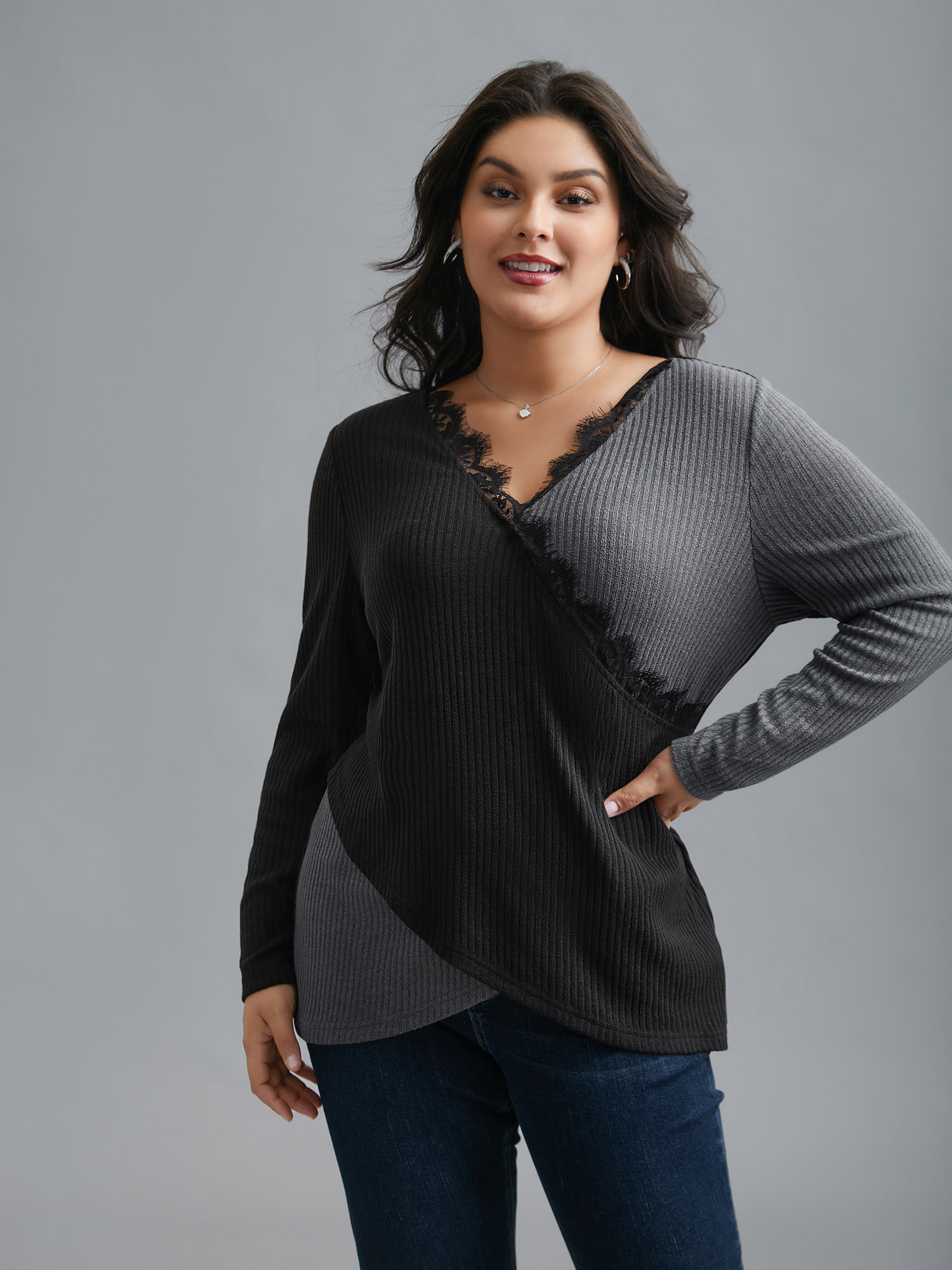 Plus Size Overlap Collar Lace Trim Stitch T-Shirt Black Women Elegant Overlapping V-neck Bodycon Everyday T-shirts BloomChic 14-16/1X 