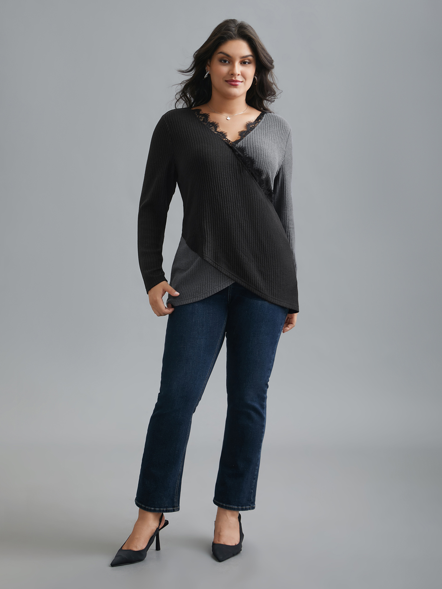 Plus Size Overlap Collar Lace Trim Stitch T-Shirt Black Women Elegant Overlapping V-neck Bodycon Everyday T-shirts BloomChic 14-16/1X 