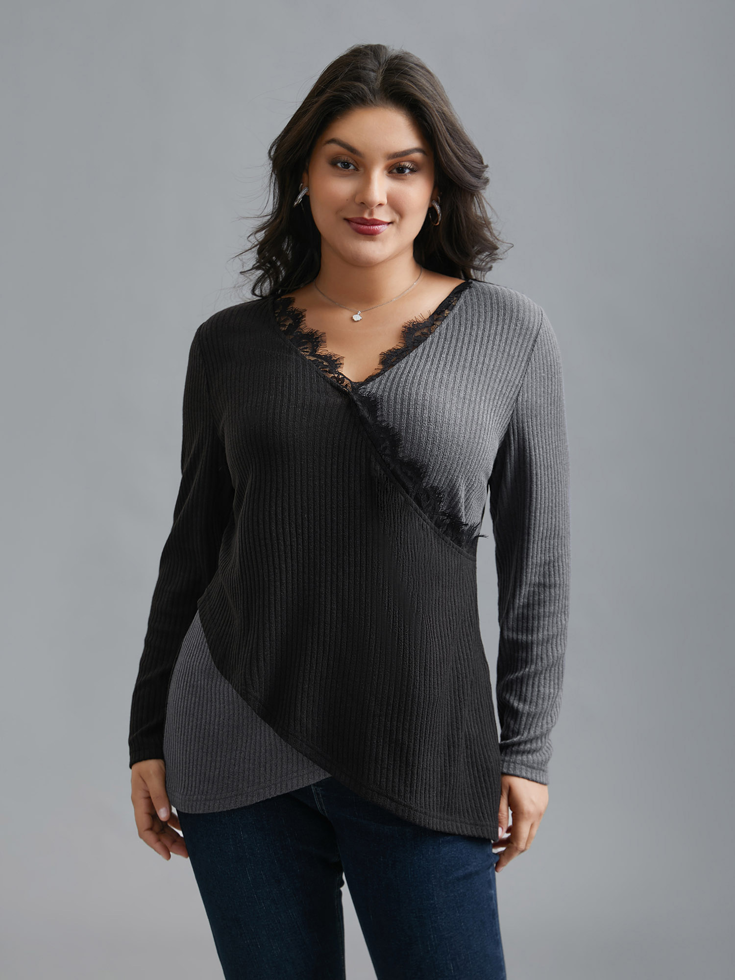 Plus Size Overlap Collar Lace Trim Stitch T-Shirt Black Women Elegant Overlapping V-neck Bodycon Everyday T-shirts BloomChic 14-16/1X 