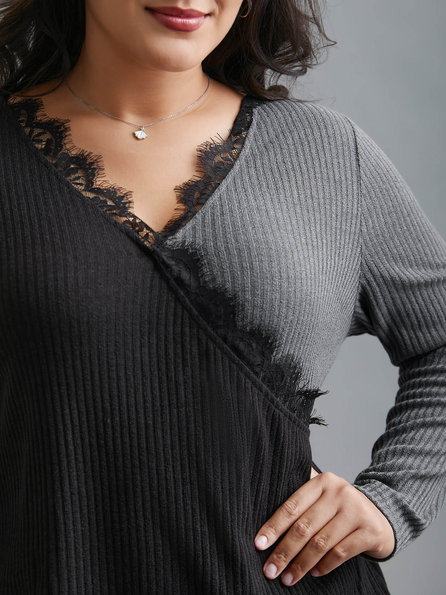 Plus Size Overlap Collar Lace Trim Stitch T-Shirt Black Women Elegant Overlapping V-neck Bodycon Everyday T-shirts BloomChic 14-16/1X 