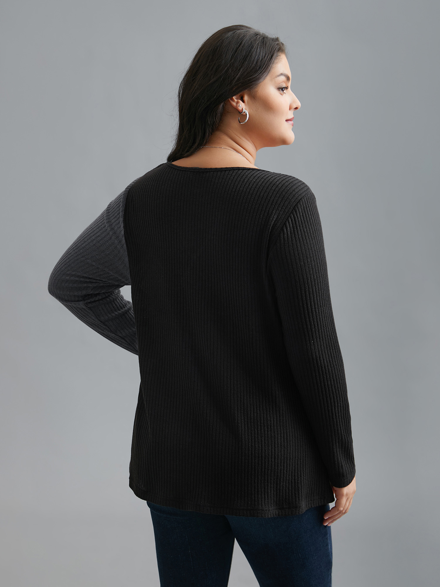 Plus Size Overlap Collar Lace Trim Stitch T-Shirt Black Women Elegant Overlapping V-neck Bodycon Everyday T-shirts BloomChic 14-16/1X 
