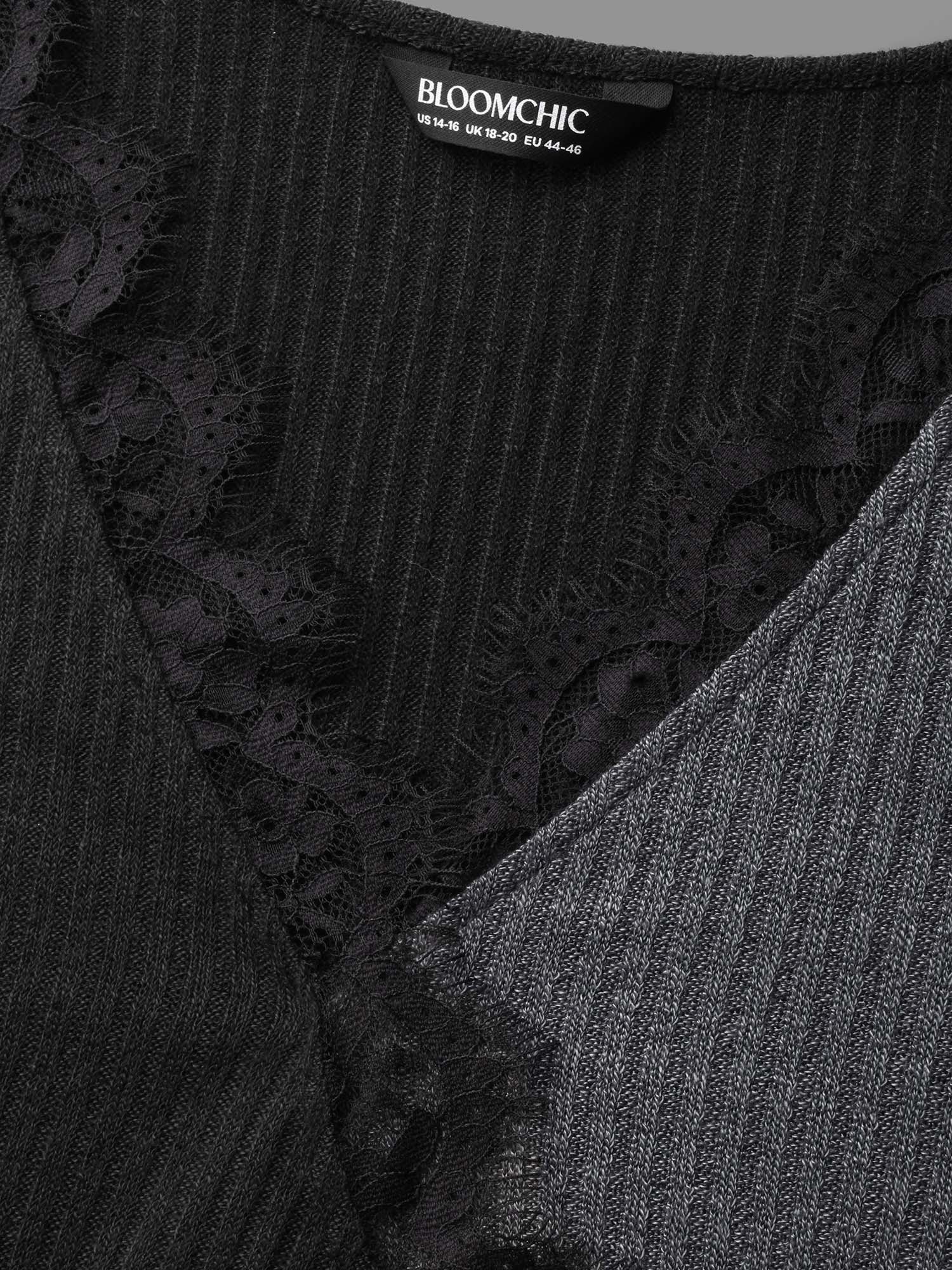 Plus Size Overlap Collar Lace Trim Stitch T-Shirt Black Women Elegant Overlapping V-neck Bodycon Everyday T-shirts BloomChic 14-16/1X 