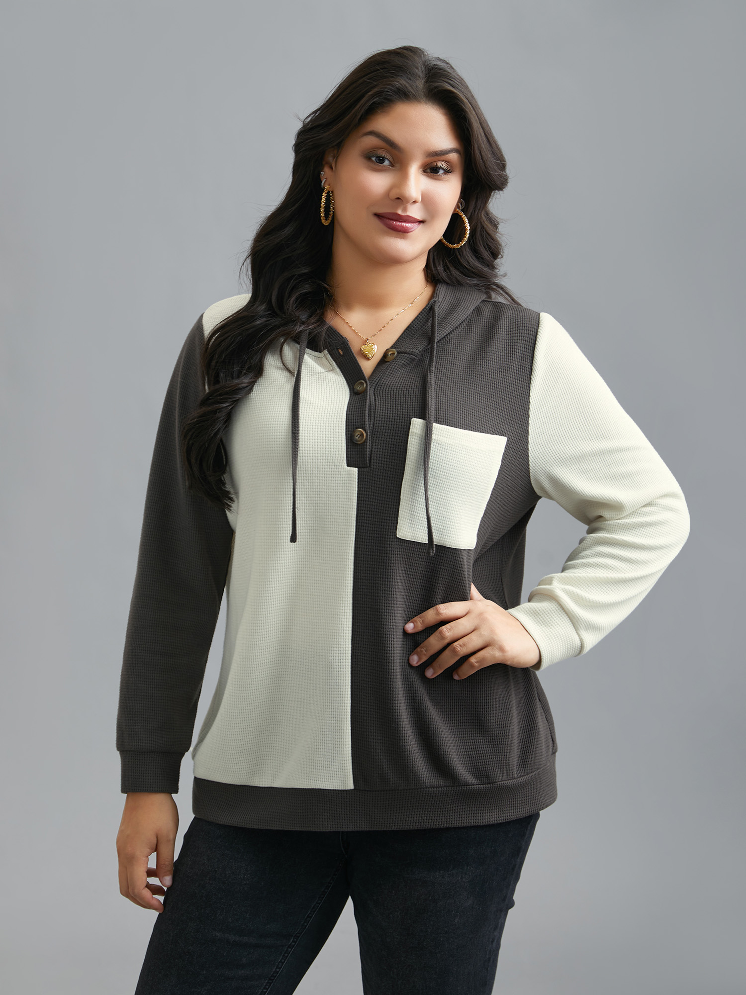 Plus Size Half Placket Chest Textured Pocket Hoodie Women DimGray Casual Texture Hooded Everyday Sweatshirts BloomChic 30/6X 