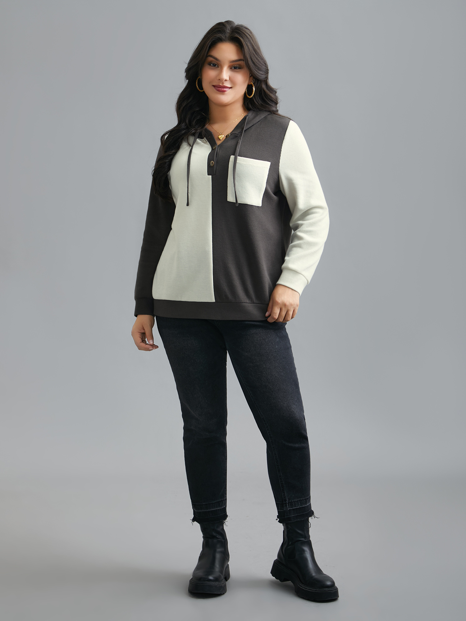 Plus Size Half Placket Chest Textured Pocket Hoodie Women DimGray Casual Texture Hooded Everyday Sweatshirts BloomChic 30/6X 
