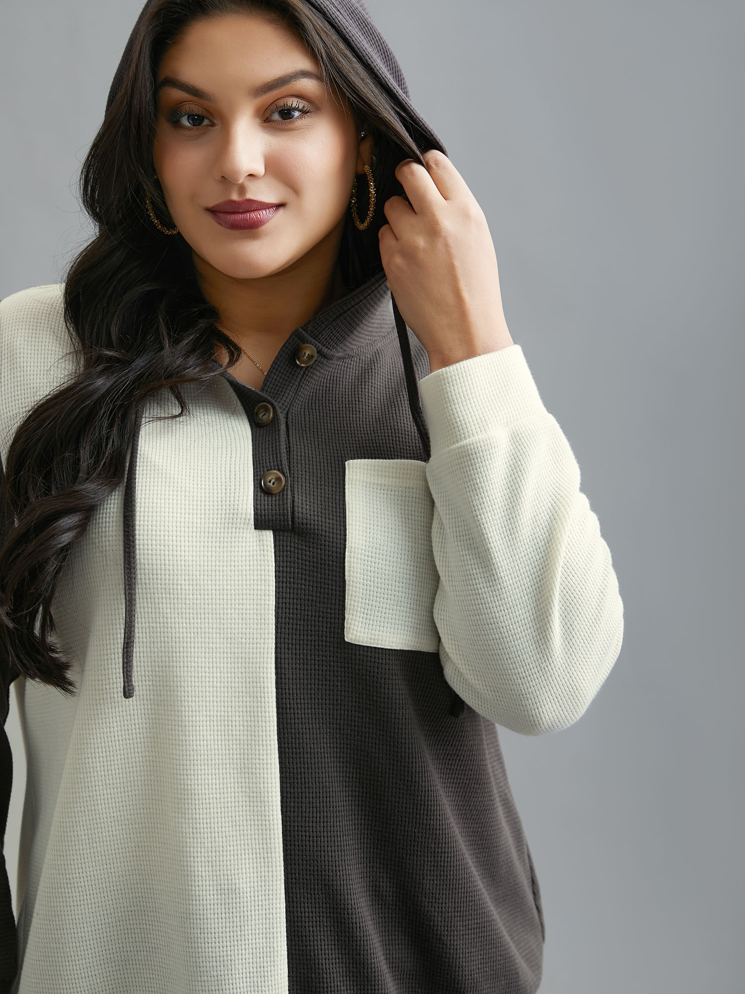 Plus Size Half Placket Chest Textured Pocket Hoodie Women DimGray Casual Texture Hooded Everyday Sweatshirts BloomChic 30/6X 