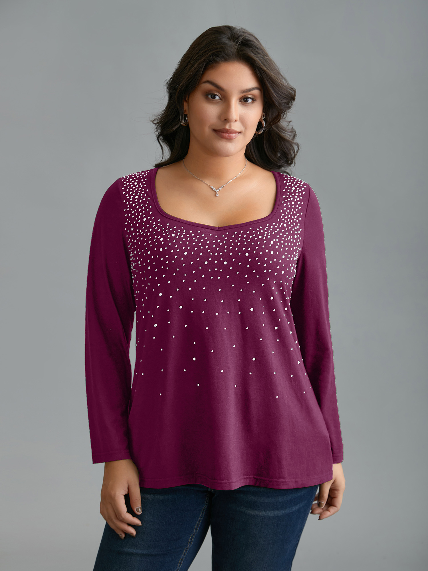 

Plus Size Sequin Stretchy Long Sleeve T-shirt RedViolet Women Elegant Rhinestone detailing Heart neckline Everyday T-shirts BloomChic