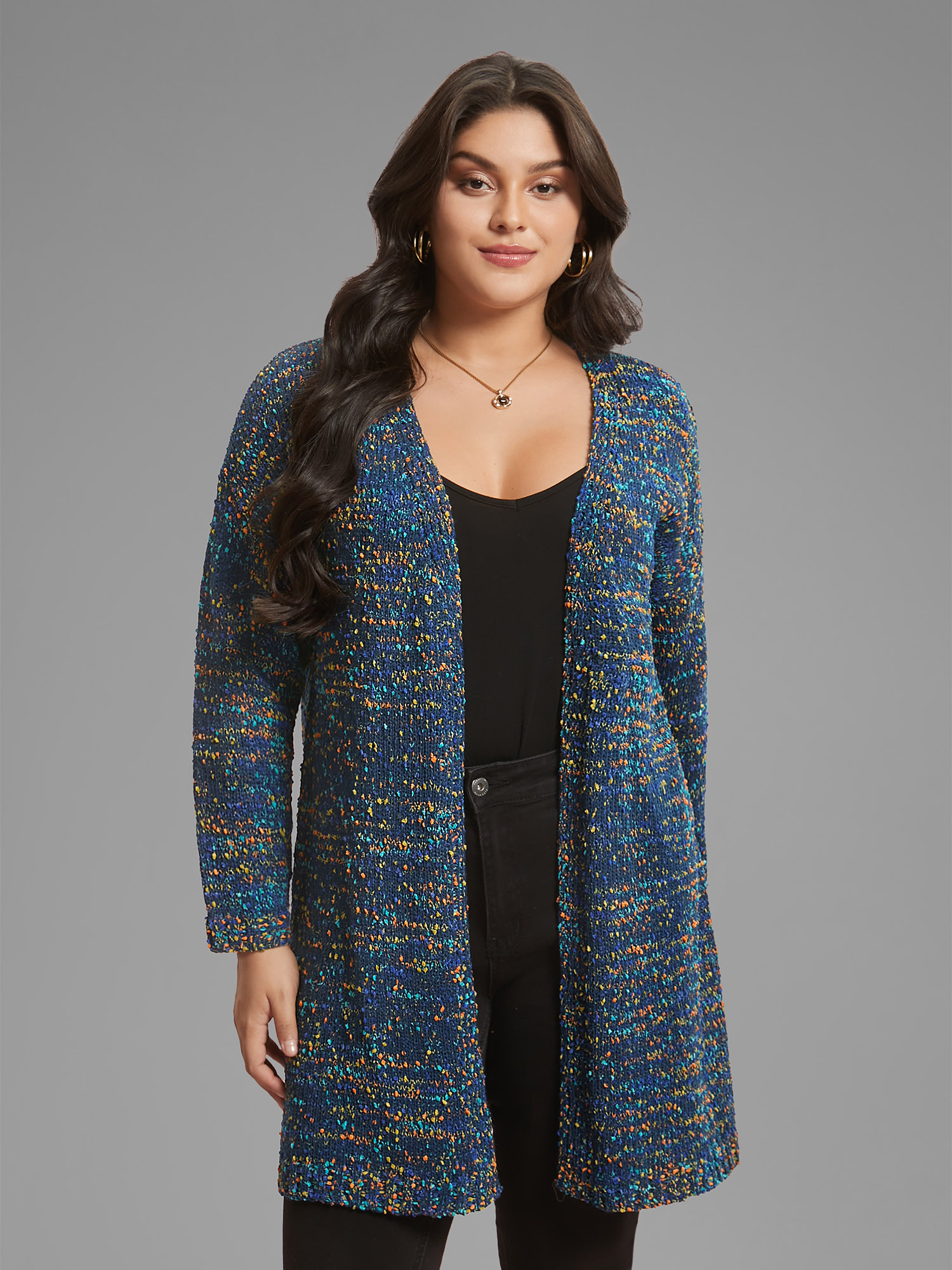 

Plus Size Color Textured Open Front Cardigan Indigo Women Casual Loose Long Sleeve Dailywear Cardigans BloomChic