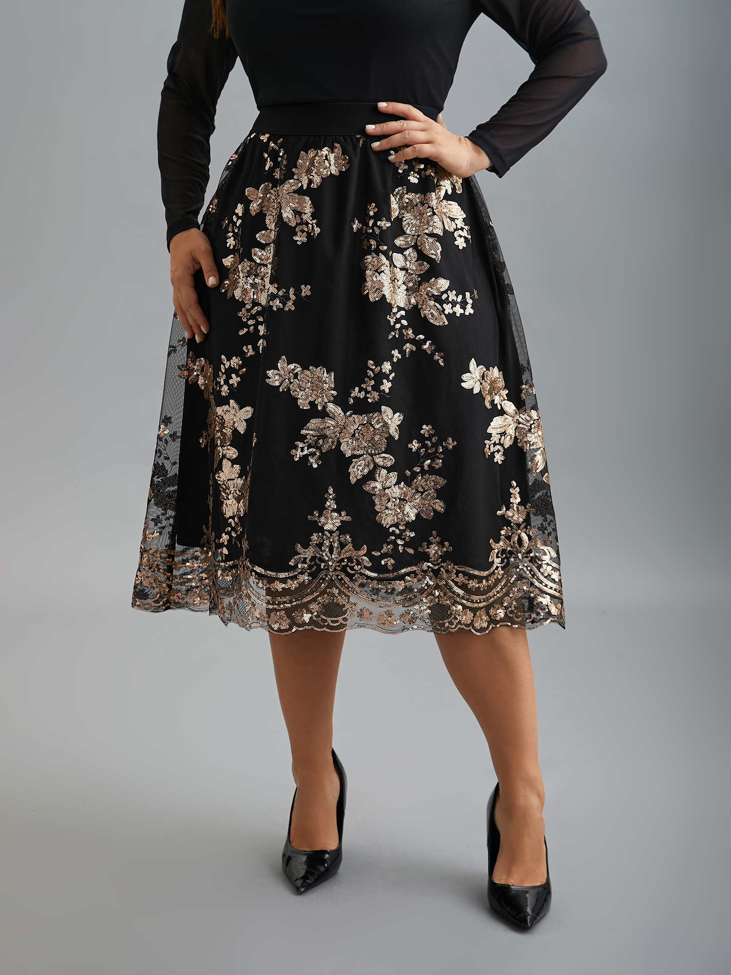 Plus Size Sequin Floral Stretchy Waist Skirt Women Black Cocktail No stretch Party Skirts BloomChic 14-16/1X 