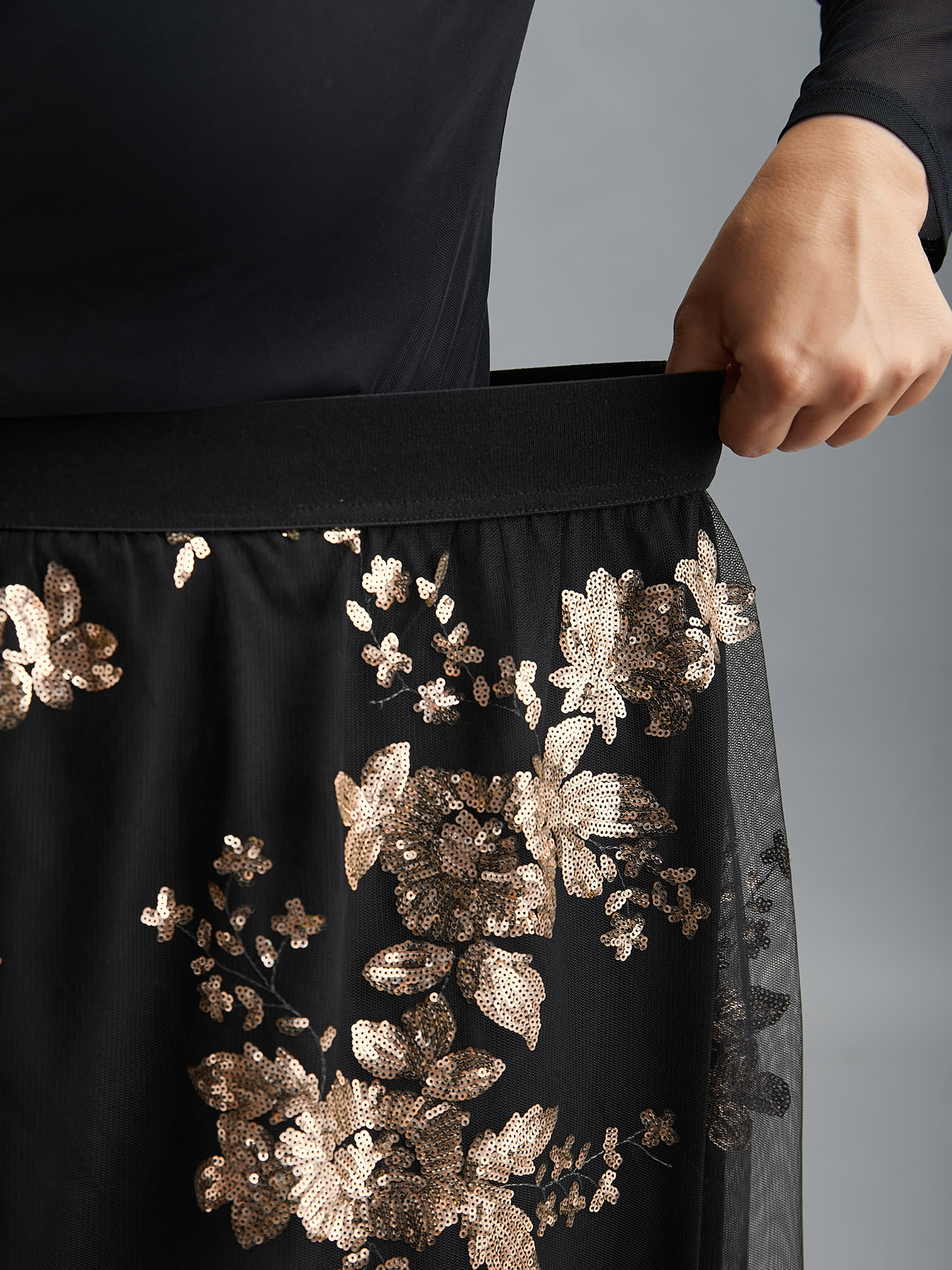 Plus Size Sequin Floral Stretchy Waist Skirt Women Black Cocktail No stretch Party Skirts BloomChic 14-16/1X 