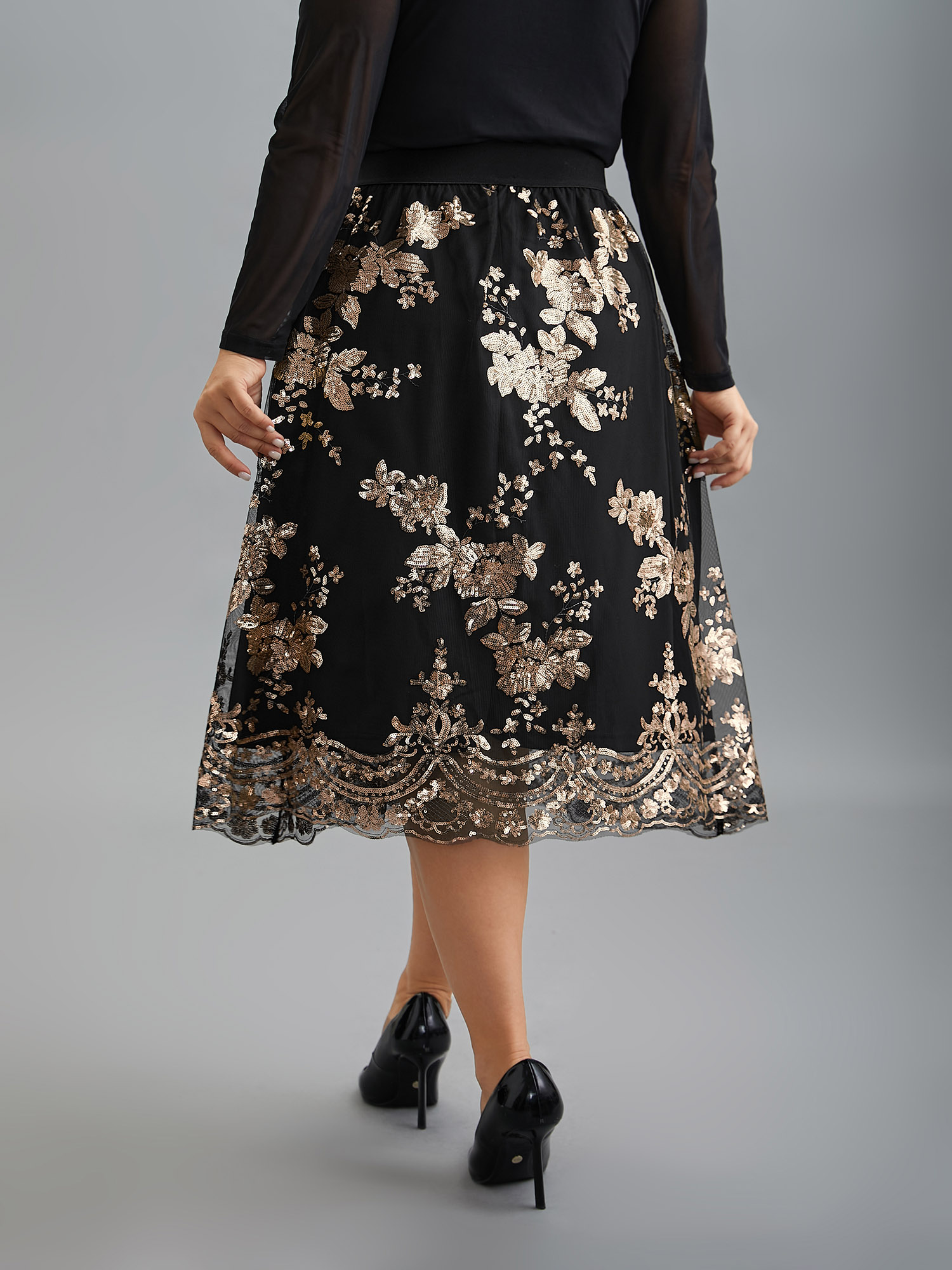 Plus Size Sequin Floral Stretchy Waist Skirt Women Black Cocktail No stretch Party Skirts BloomChic 14-16/1X 