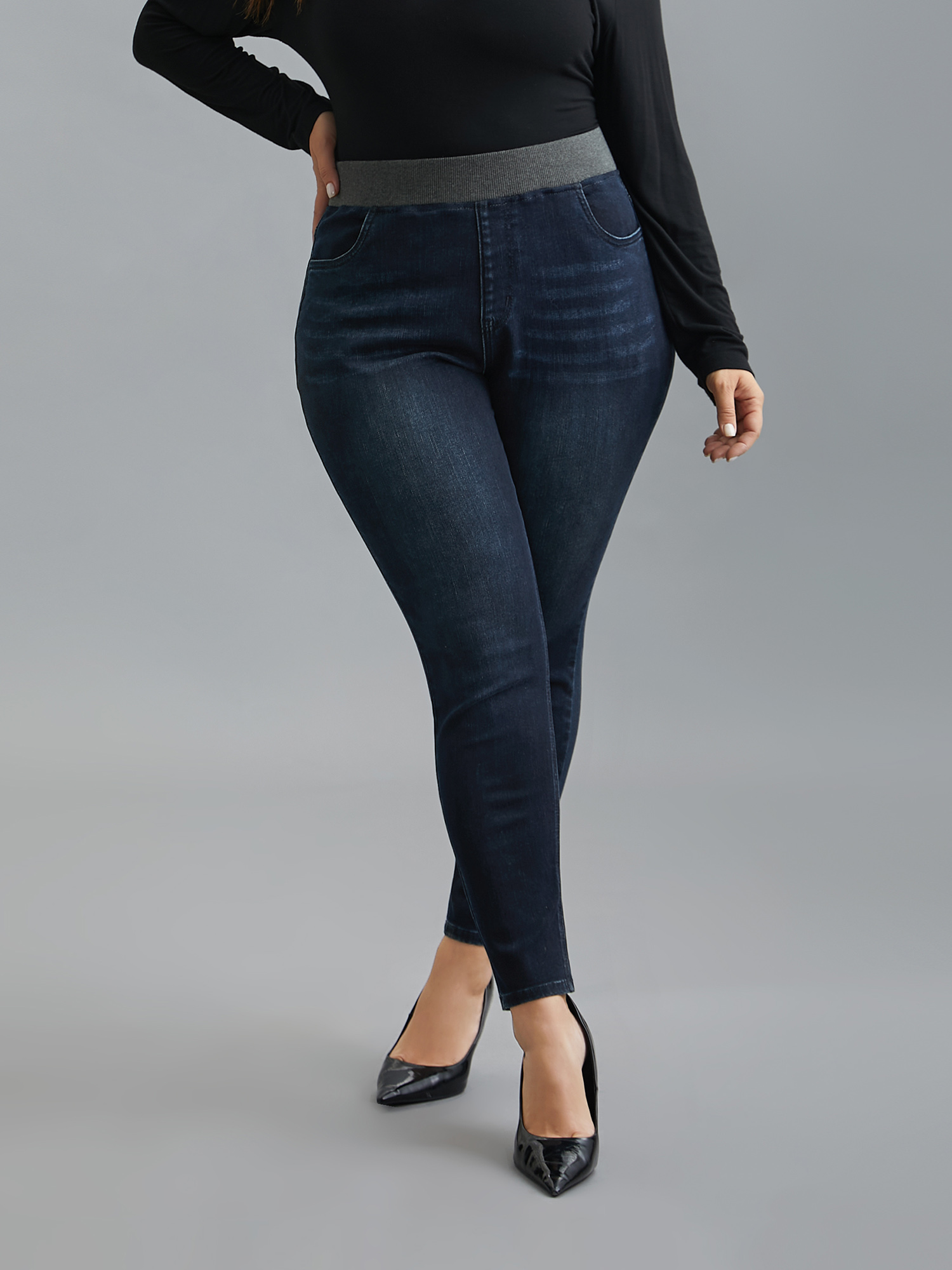 Plus Size Stretchy Whiskered Waist Skinny Knit Jeans Women Darkindigo Elegant Medium stretch Slanted pocket Jeans BloomChic 10/M 
