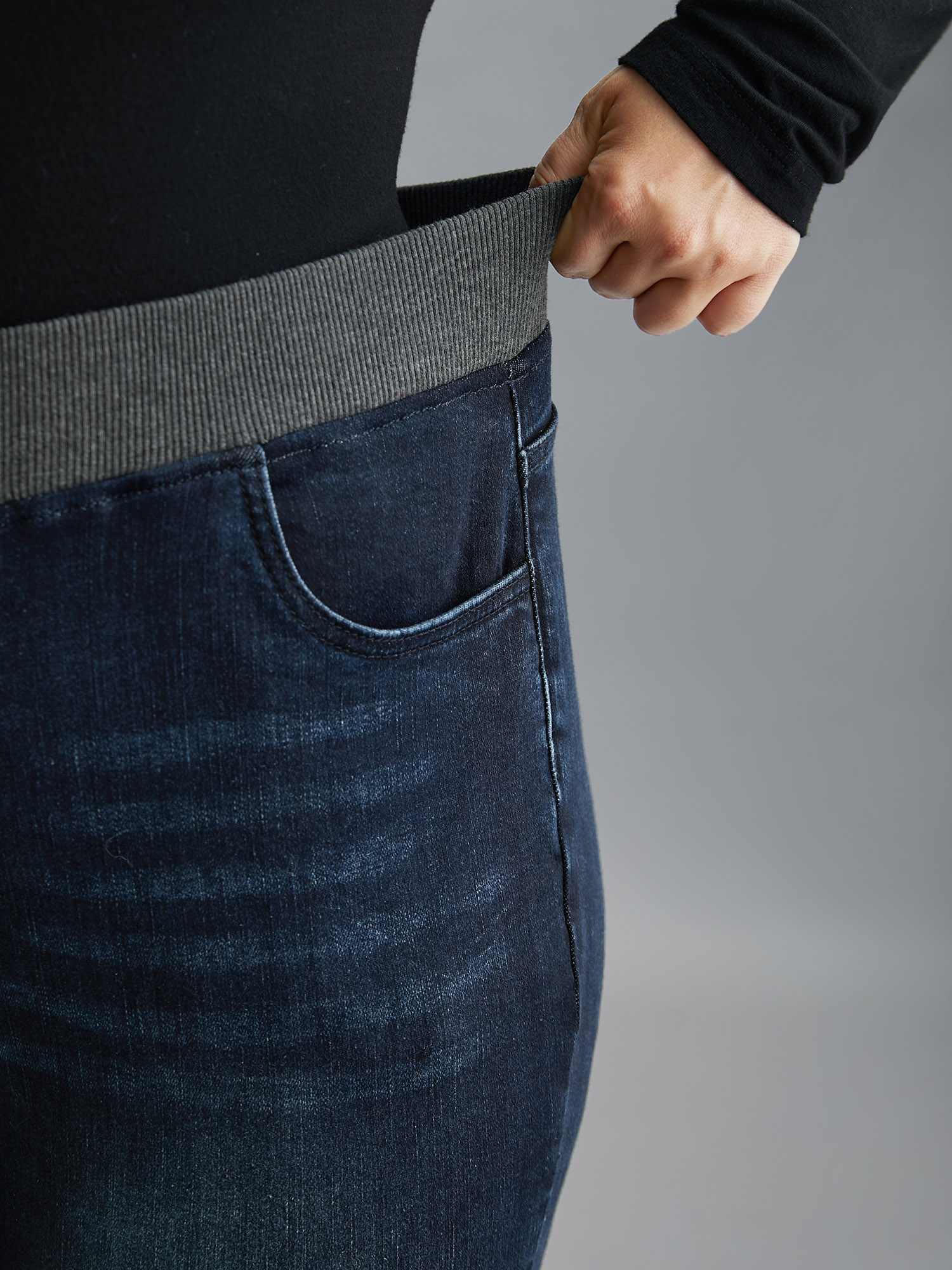 Plus Size Stretchy Whiskered Waist Skinny Knit Jeans Women Darkindigo Elegant Medium stretch Slanted pocket Jeans BloomChic 10/M 
