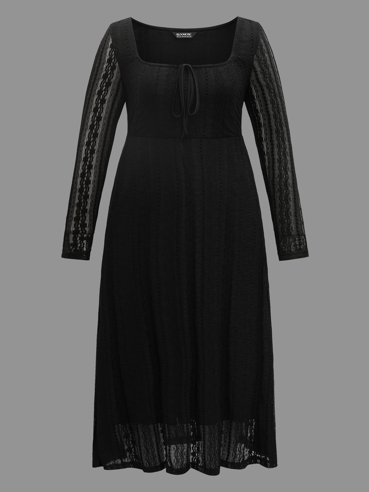 Plus Size Lace Panel Square Neck Tie Knot Dress Black Women Elegant Tie knot Square Neck Long Sleeve Curvy BloomChic 10/M 