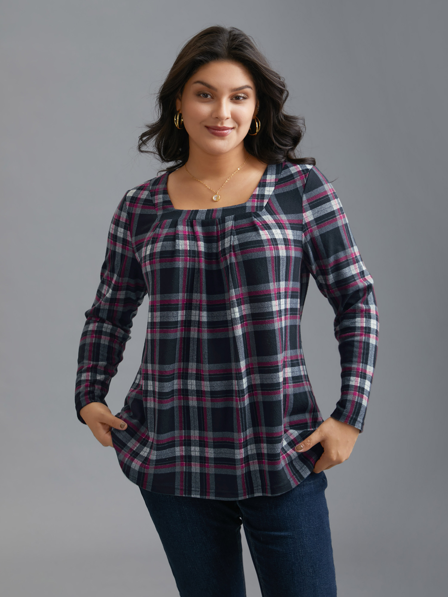 

Plus Size Plaid Pleated Square Neckline Knit Top RedViolet Square Neck Long Sleeve Elegant Jersey Tops