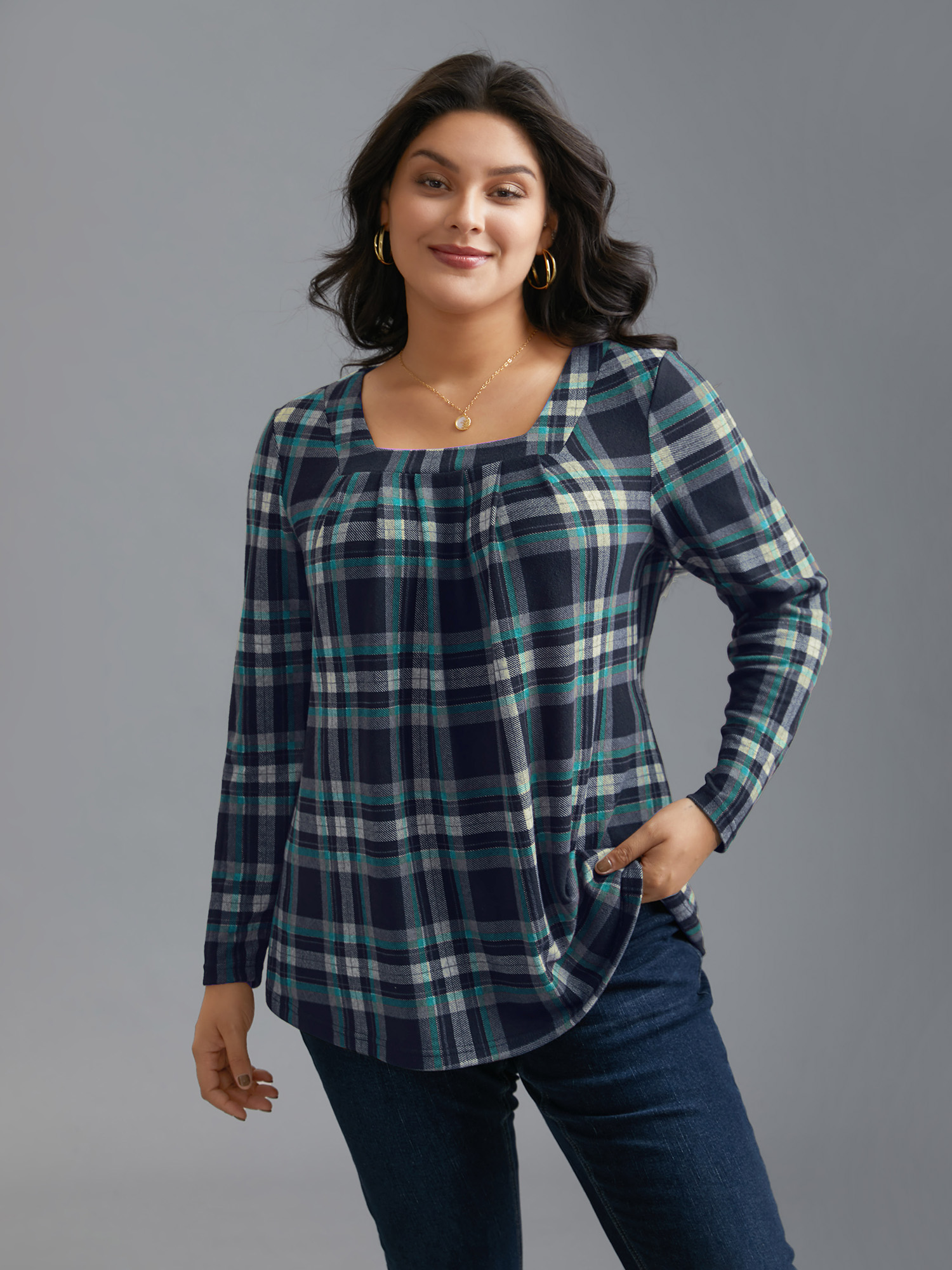 

Plus Size Plaid Pleated Square Neckline Knit Top Arctic Square Neck Long Sleeve Elegant Jersey Tops