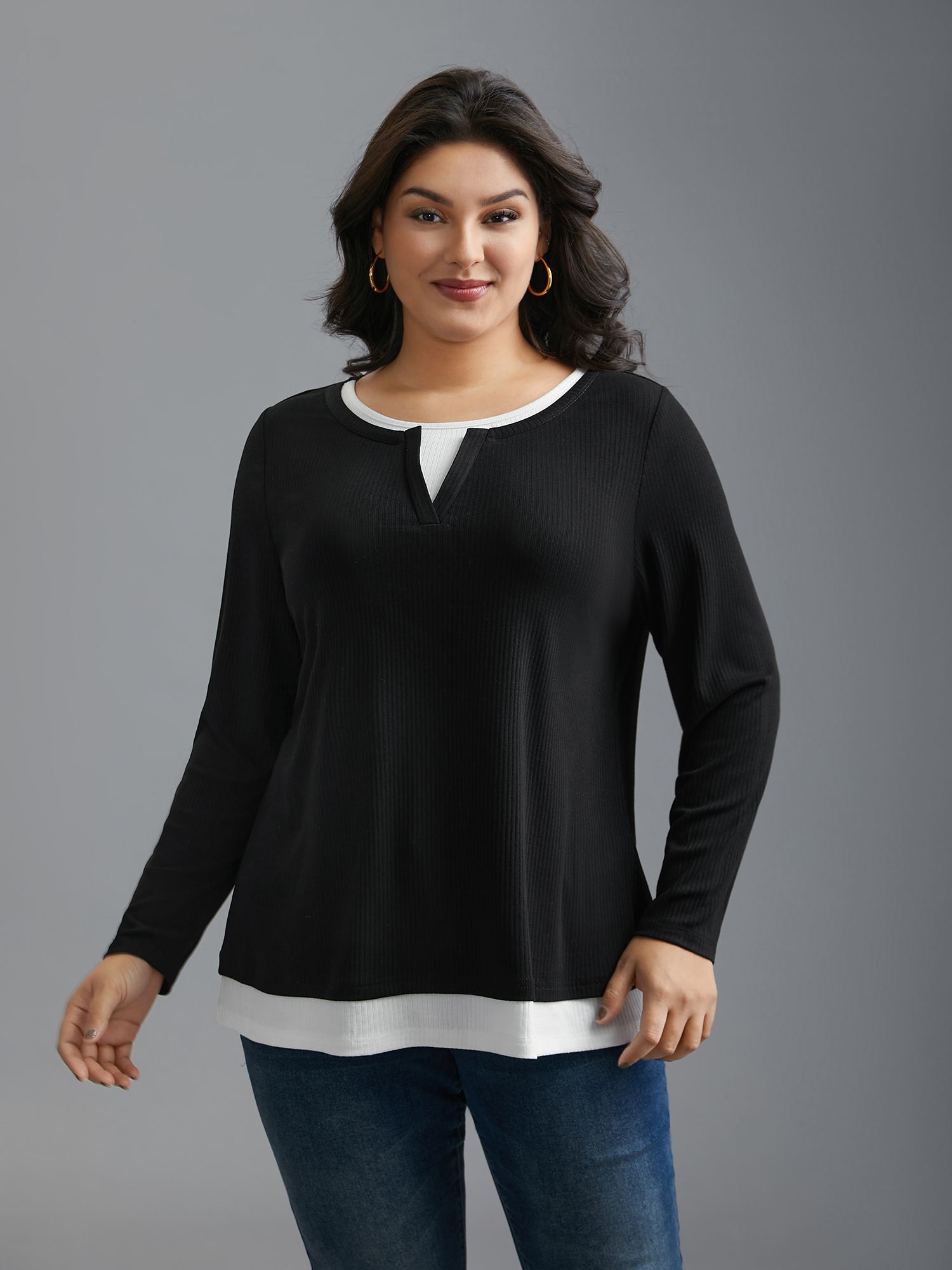 

Plus Size Notched Patchwork 2-In-1 Knit Top Black Flat collar with V-notch Extra Long Sleeve Casual Jersey Tops