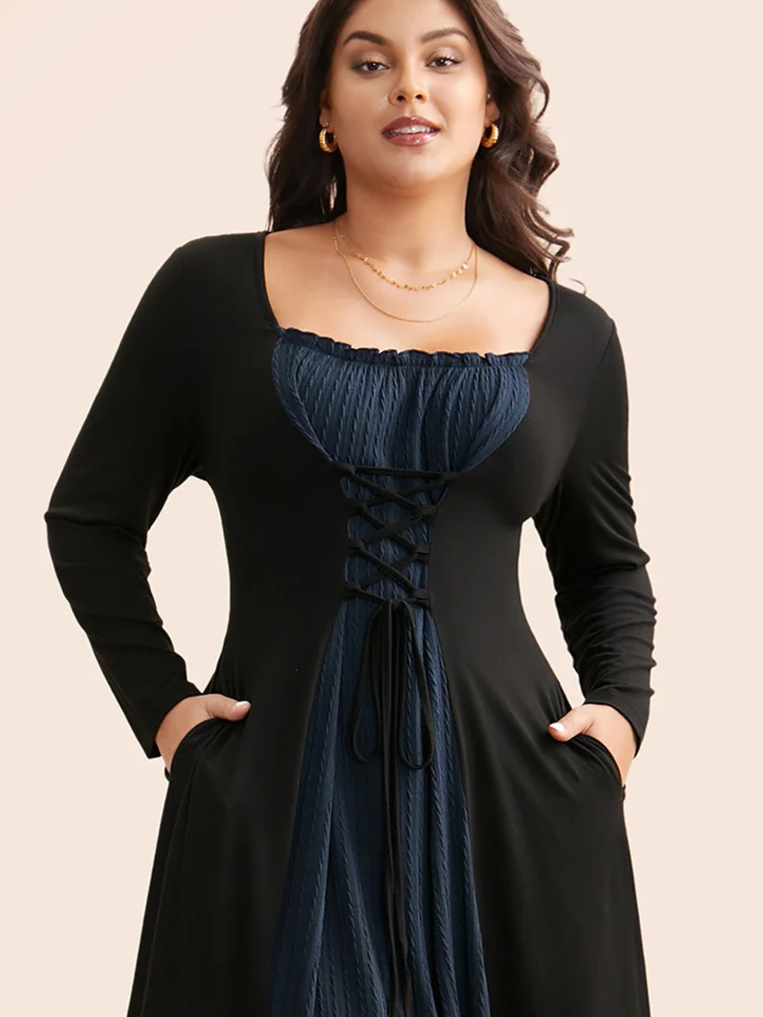 Plus Size Square Neck Textured Patchwork Crisscross Dress Indigo Women Elegant Wraparound straps Square Neck Long Sleeve Curvy BloomChic 14-16/1X 