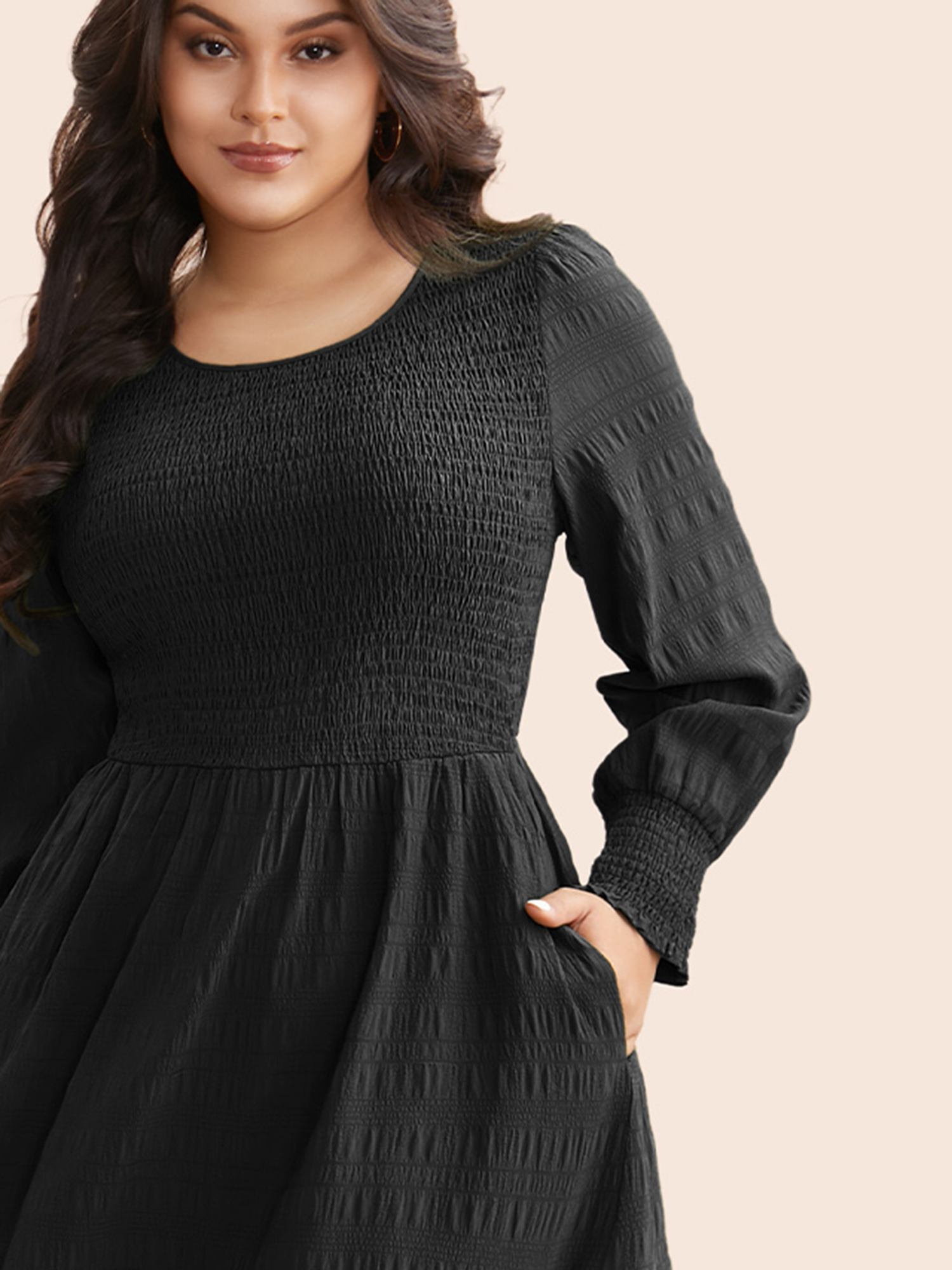 Plus Size Plain Textured Shirred Midi Dress Black Women Elegant Texture Round Neck Long Sleeve Curvy BloomChic 30/6X 