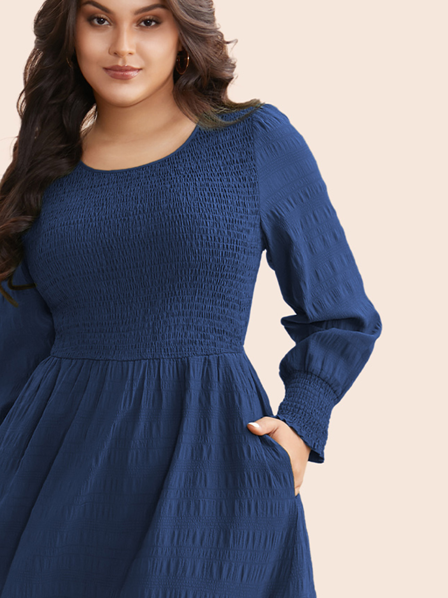Plus Size Plain Textured Shirred Midi Dress DarkBlue Women Elegant Texture Round Neck Long Sleeve Curvy BloomChic 26/4X 