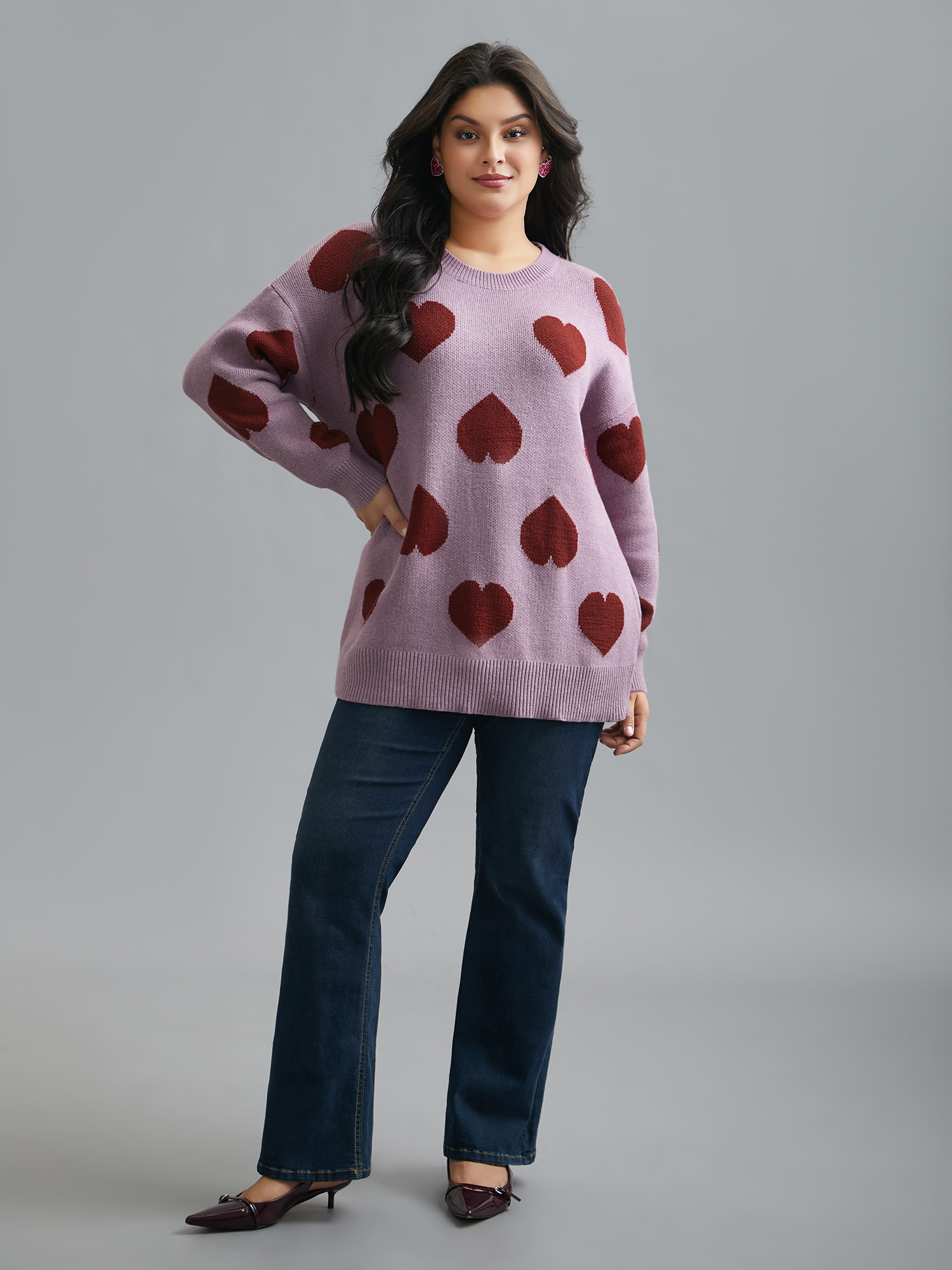 

Plus Size Round Neck Contrast Heart Jacquard Pullover Lilac Women Casual Loose Long Sleeve Round Neck Everyday Pullovers BloomChic