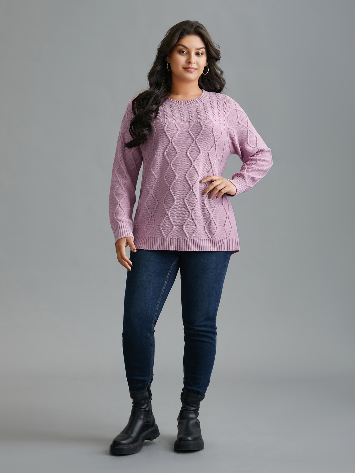 

Plus Size Crew Neck Cable Knit Textured Pullover Lilac Women Casual Loose Long Sleeve Round Neck Everyday Pullovers BloomChic