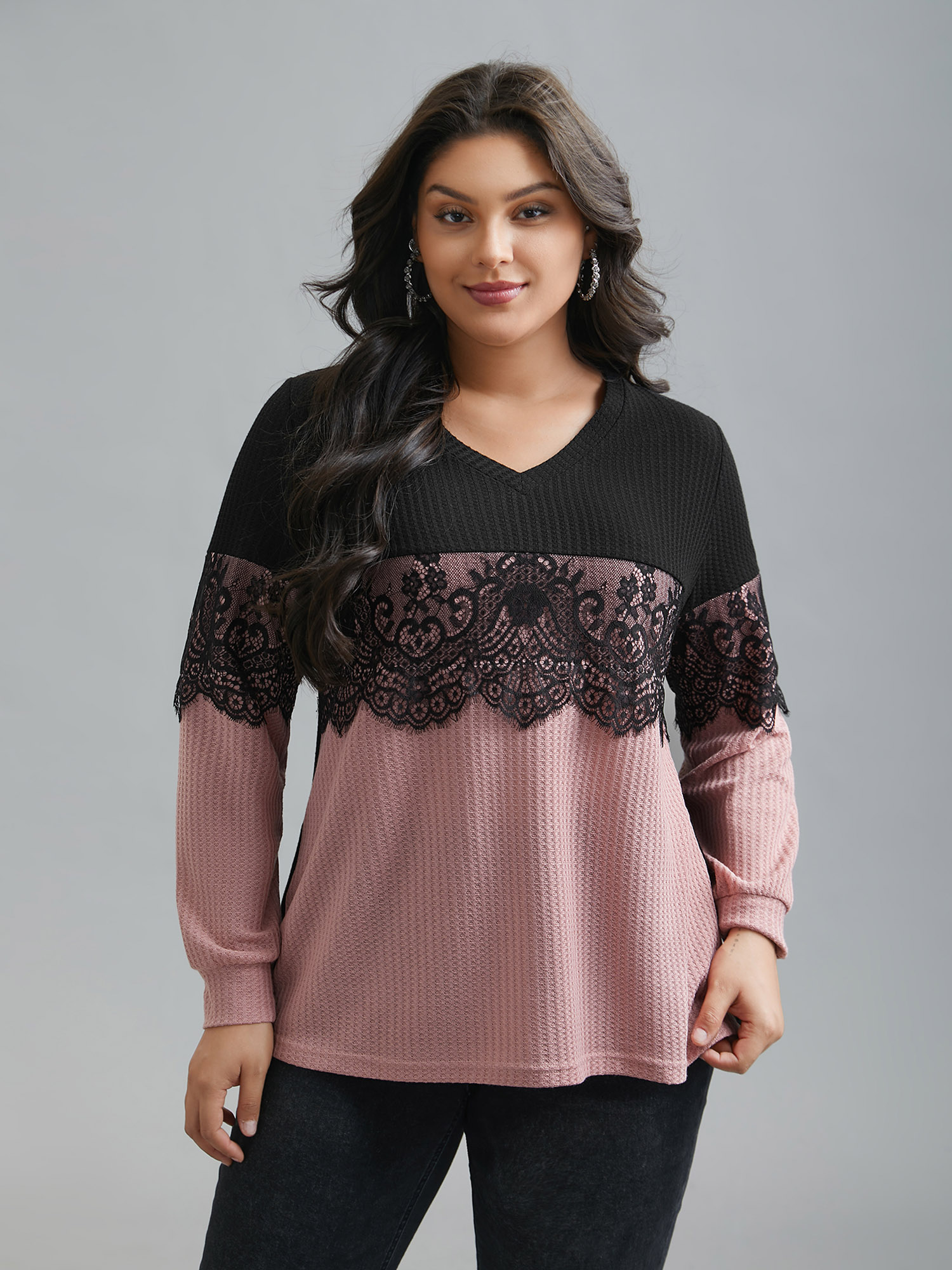 

Plus Size Crochet Lace Mesh Contrast Patchwork Top Dirtypink V-neck Extra Long Sleeve Casual Jersey Tops