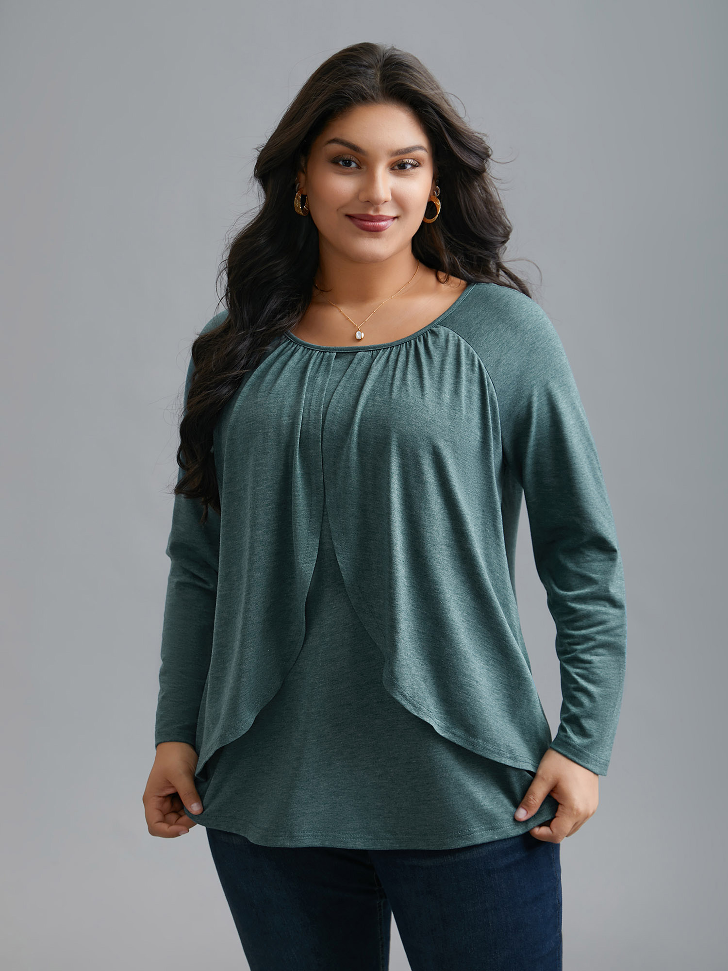 

Plus Size 2-In-1 Gathered Ruffle Trim T-Shirt Teal Women Elegant Gathered Round Neck Everyday T-shirts BloomChic