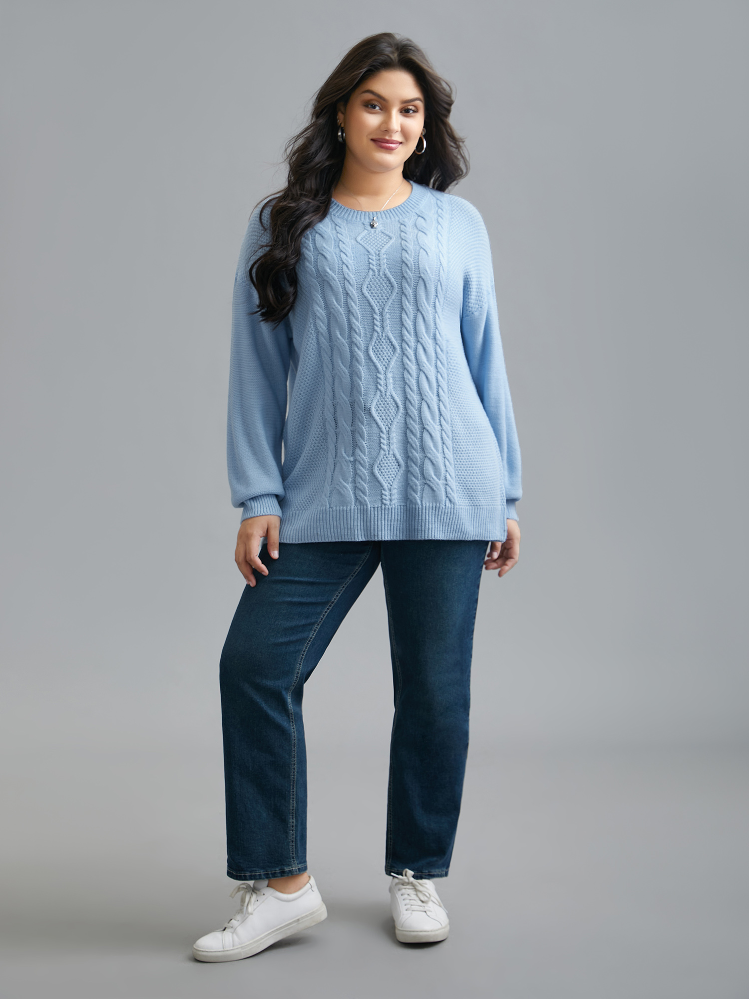 

Plus Size Solid Round Neck Plisse Cable Knit Pullover LightBlue Women Casual Loose Long Sleeve Round Neck Everyday Pullovers BloomChic