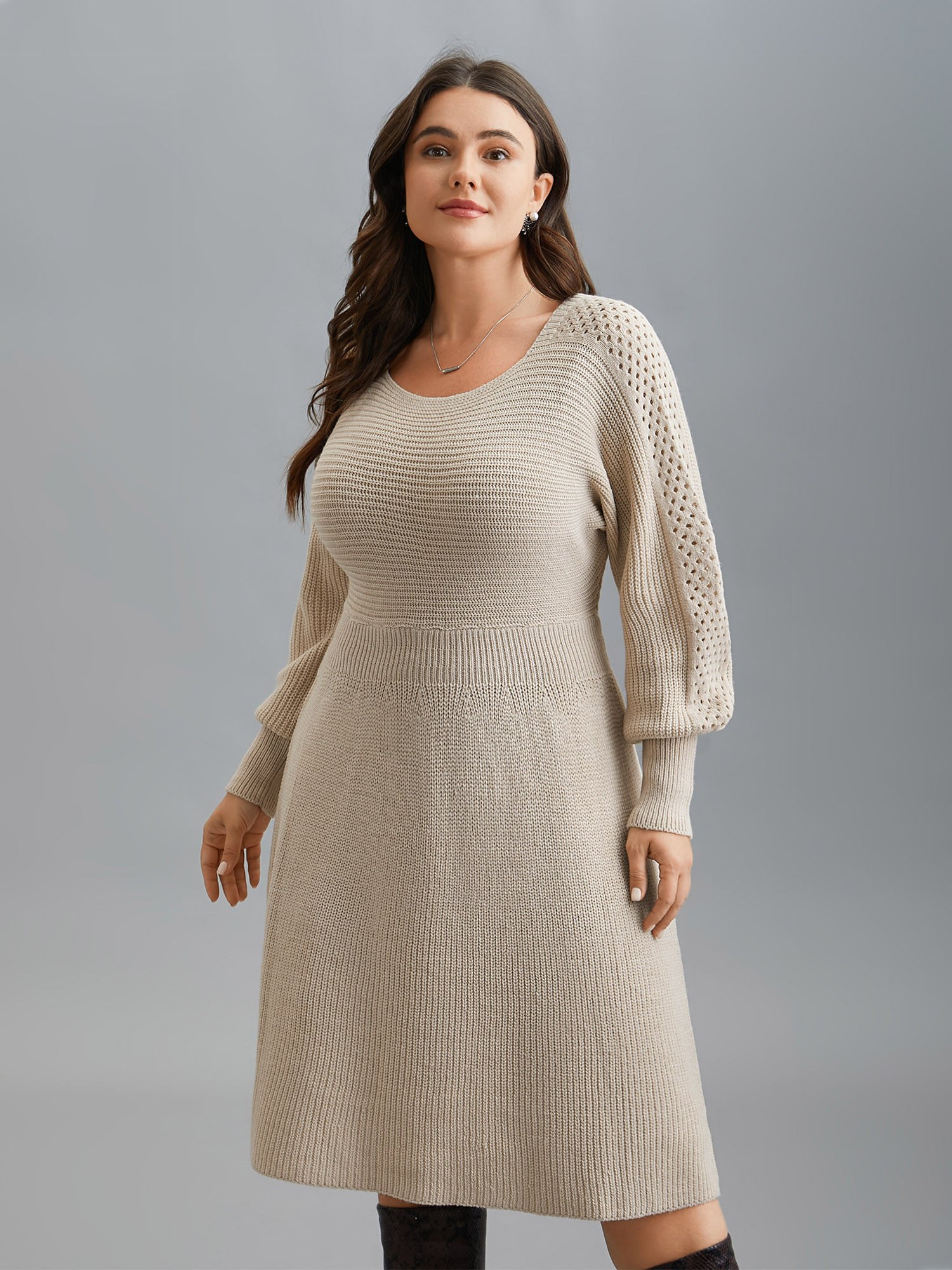 

Plus Size Solid Dolman Sleeve Cable Knit Dress Apricot Women Elegant Bodycon Long Sleeve Everyday Sweater Dresses BloomChic