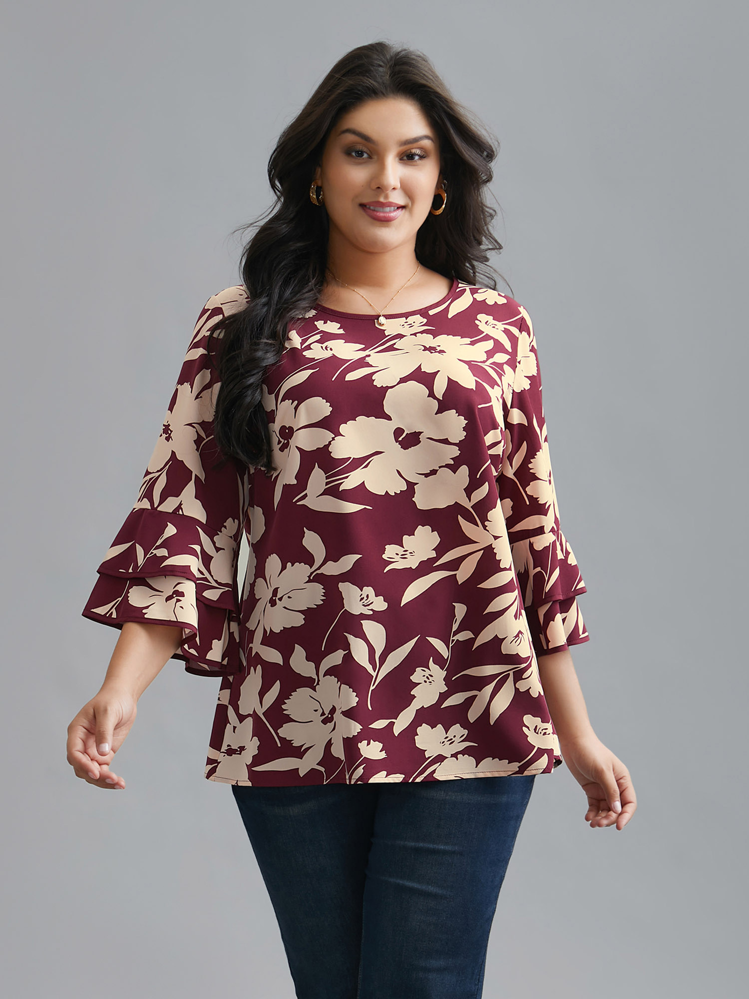 

Plus Size Plum Silhouette Floral Print Tiered Ruffles Blouse Women Elegant Elbow-length sleeve Round Neck Everyday Blouses BloomChic