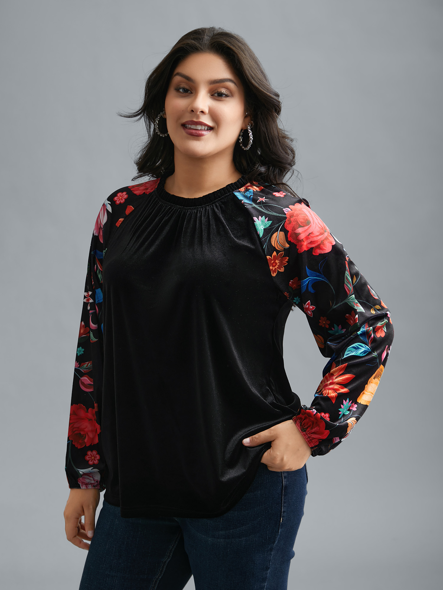 

Plus Size Floral Frill Trim Patchwork Velvet Top Black Mock Neck Extra Long Sleeve Elegant Jersey Tops