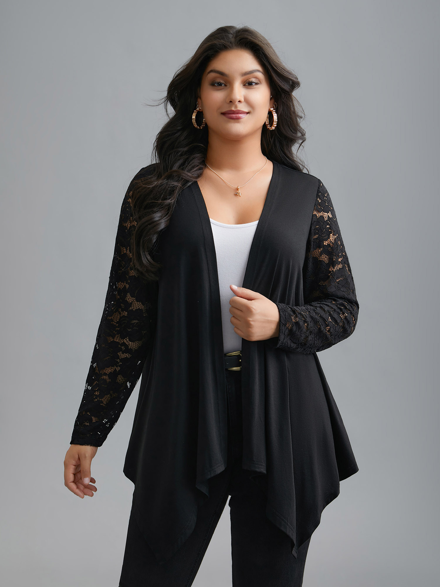 

Plus Size Crochet Lace Mesh Asymmetrical Trim Cardigan Women Black Elegant See through Loose Everyday Kimonos BloomChic