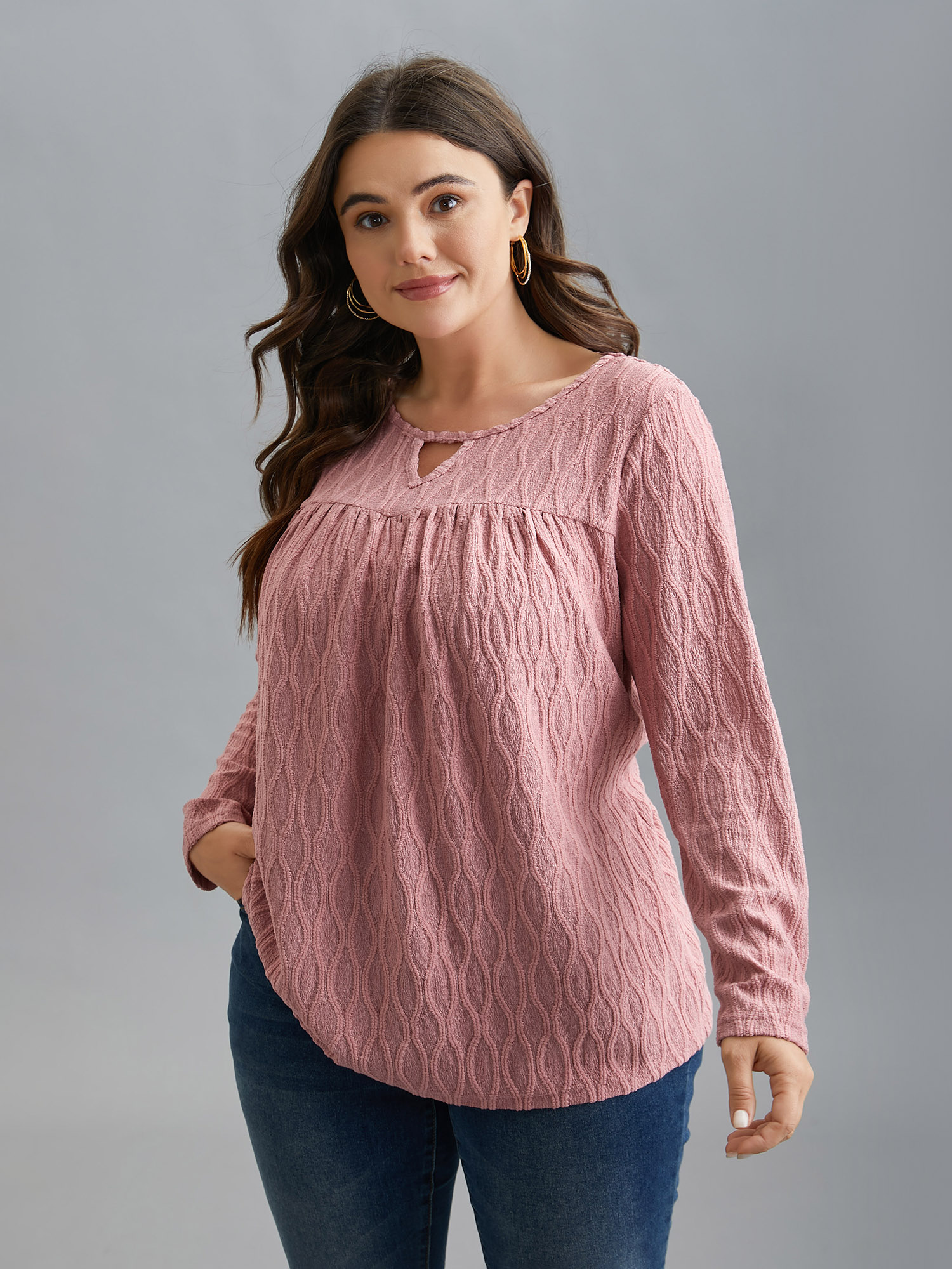 

Plus Size Textured Keyhole Gathered Knit Top DustyPink Round Neck Long Sleeve Elegant Jersey Tops