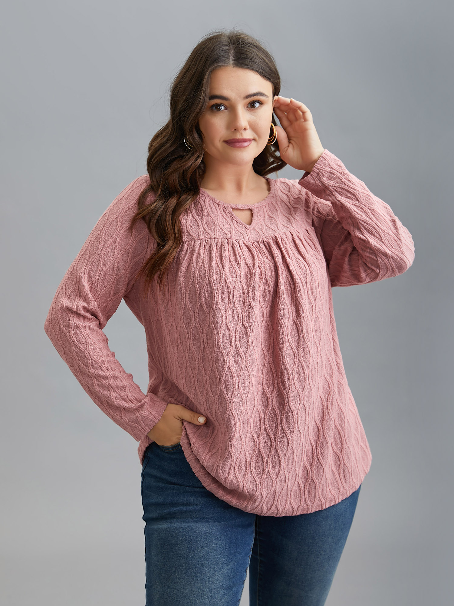 

Plus Size Textured Keyhole Gathered Knit Top DustyPink Round Neck Long Sleeve Elegant Jersey Tops