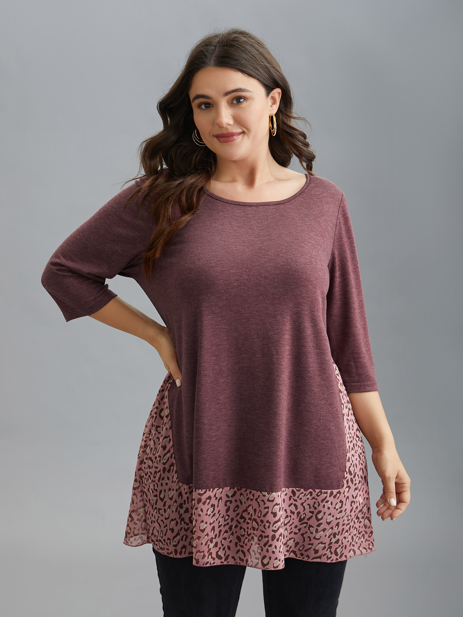 Plus Size Crew Neck Leopard Print Patchwork T-shirt Deepred Women Elegant Patchwork Round Neck Everyday T-shirts BloomChic 26/4X 