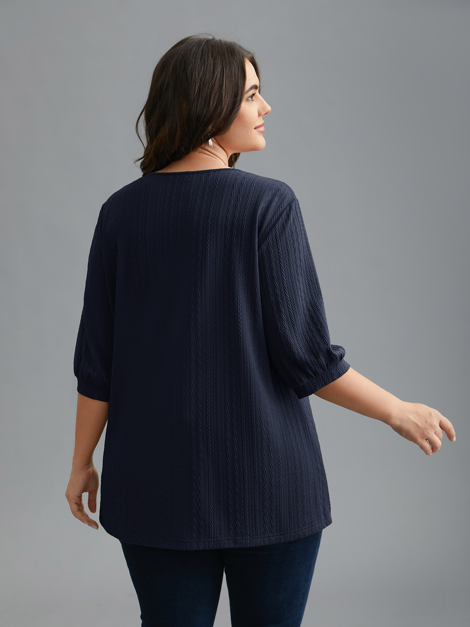 

Plus Size Plain Knit Texture Gathered Top Midnight V-neck Elbow-length sleeve Elegant Jersey Tops