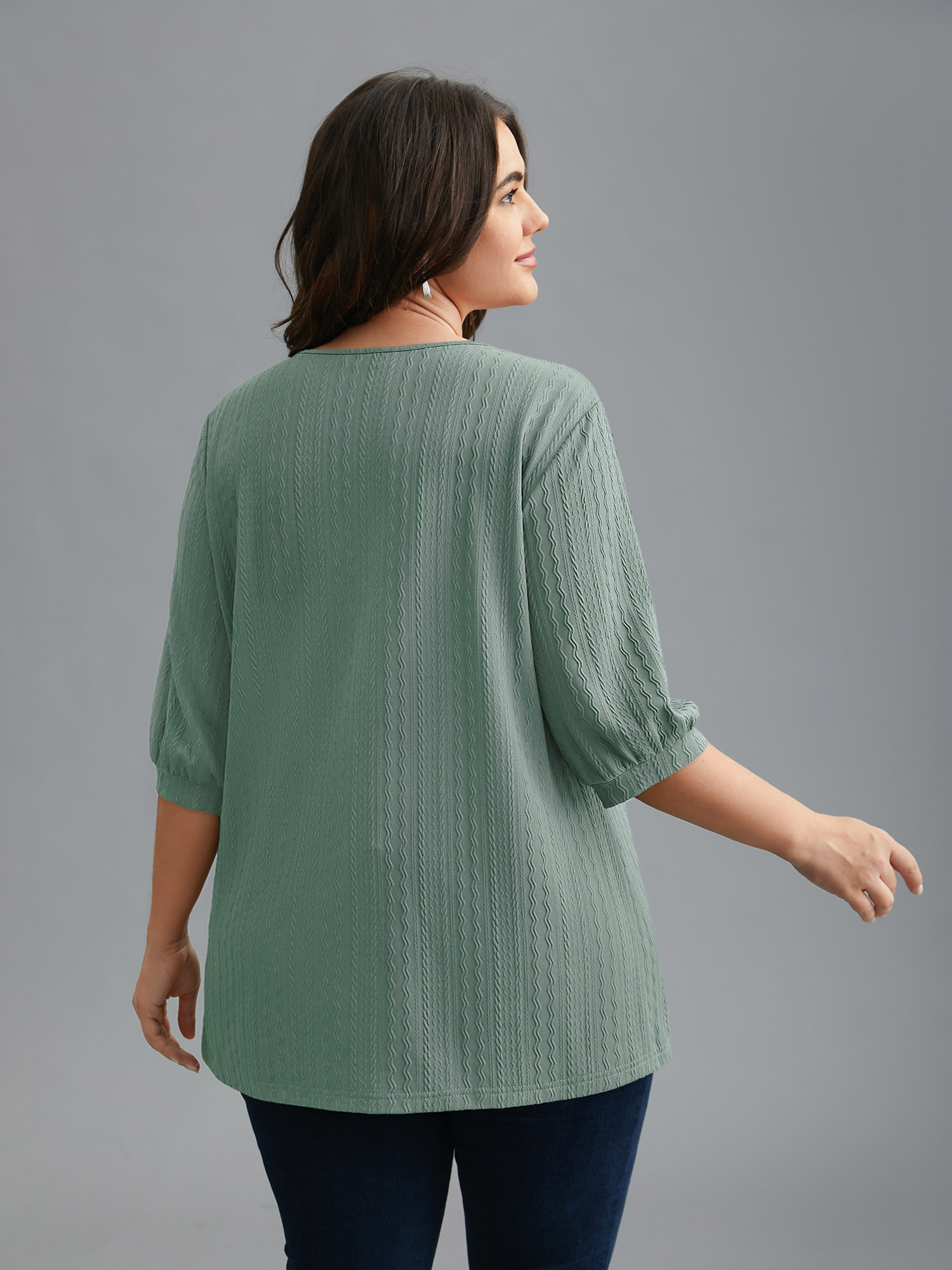 

Plus Size Plain Knit Texture Gathered Top Emerald V-neck Elbow-length sleeve Elegant Jersey Tops