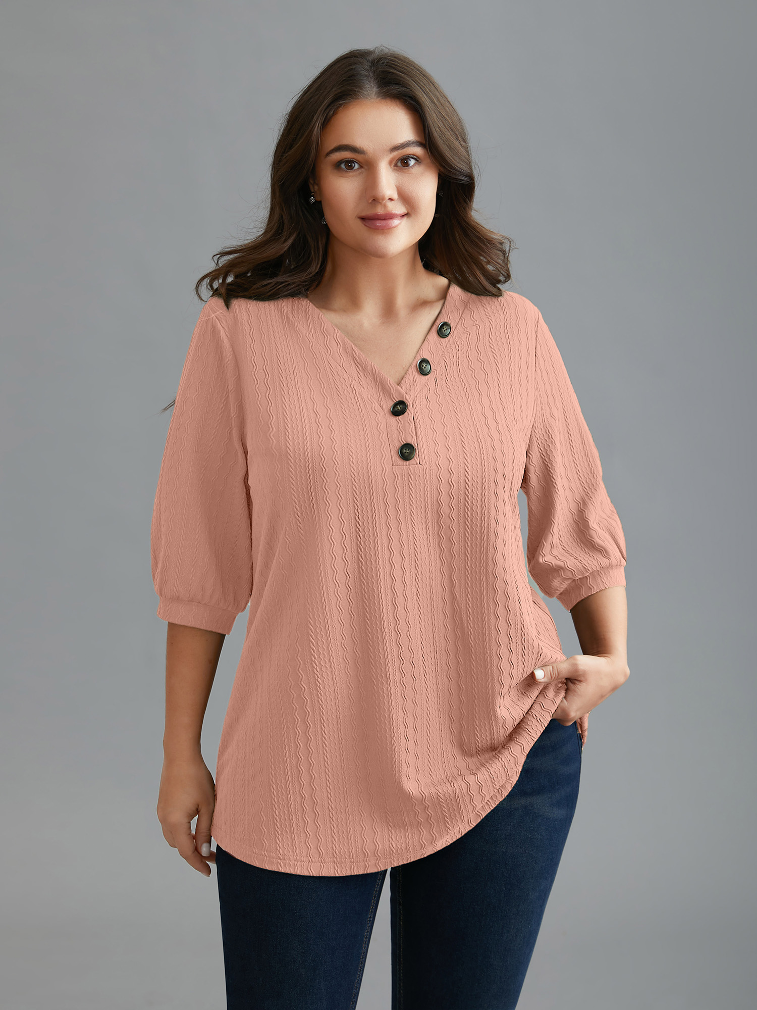 

Plus Size Plain Knit Texture Gathered Top Crepe V-neck Elbow-length sleeve Elegant Jersey Tops