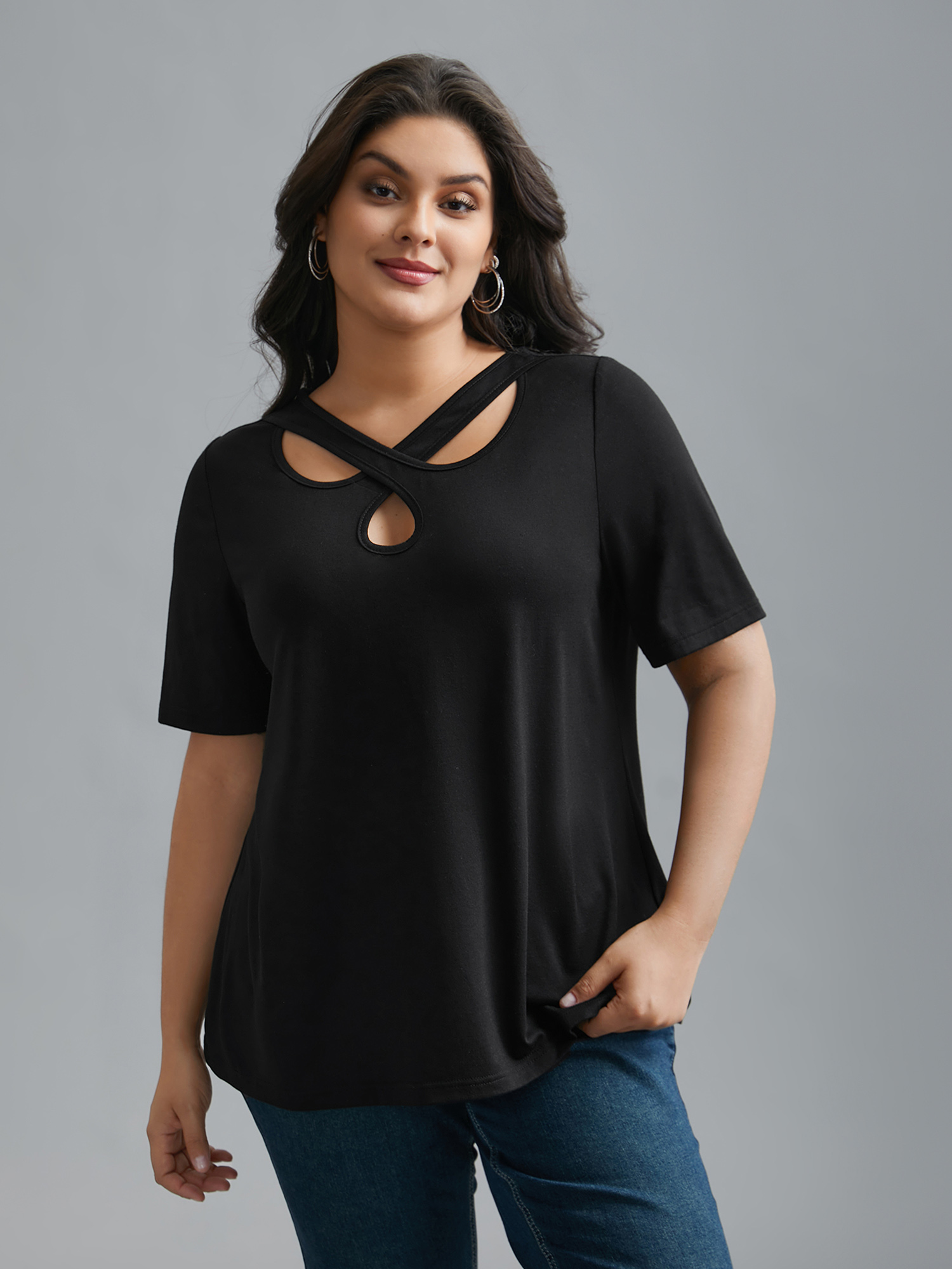 Plus Size Crossover Keyhole Plain Stretchy T-Shirt Black Women Casual Cut-Out Asymmetrical Neck Everyday T-shirts BloomChic 18-20/2X 